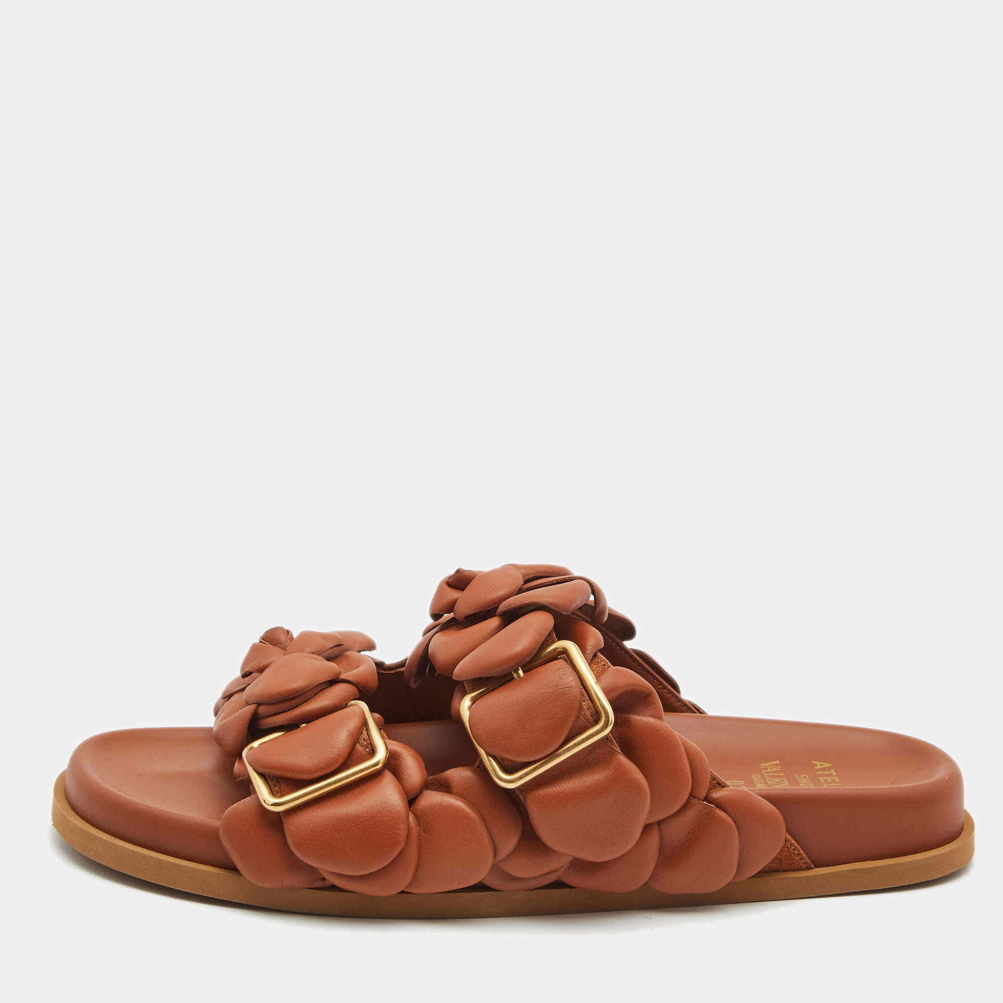 مملوكة مسبقًا Valentino Brown Leather Atelier Rose Edition Flat Slides Size 40