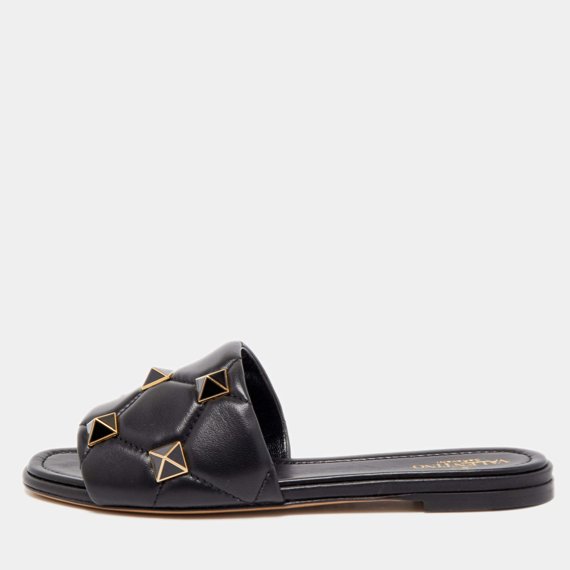 Pre Owned Valentino Black Leather Roman Stud Flat Slides Size 39