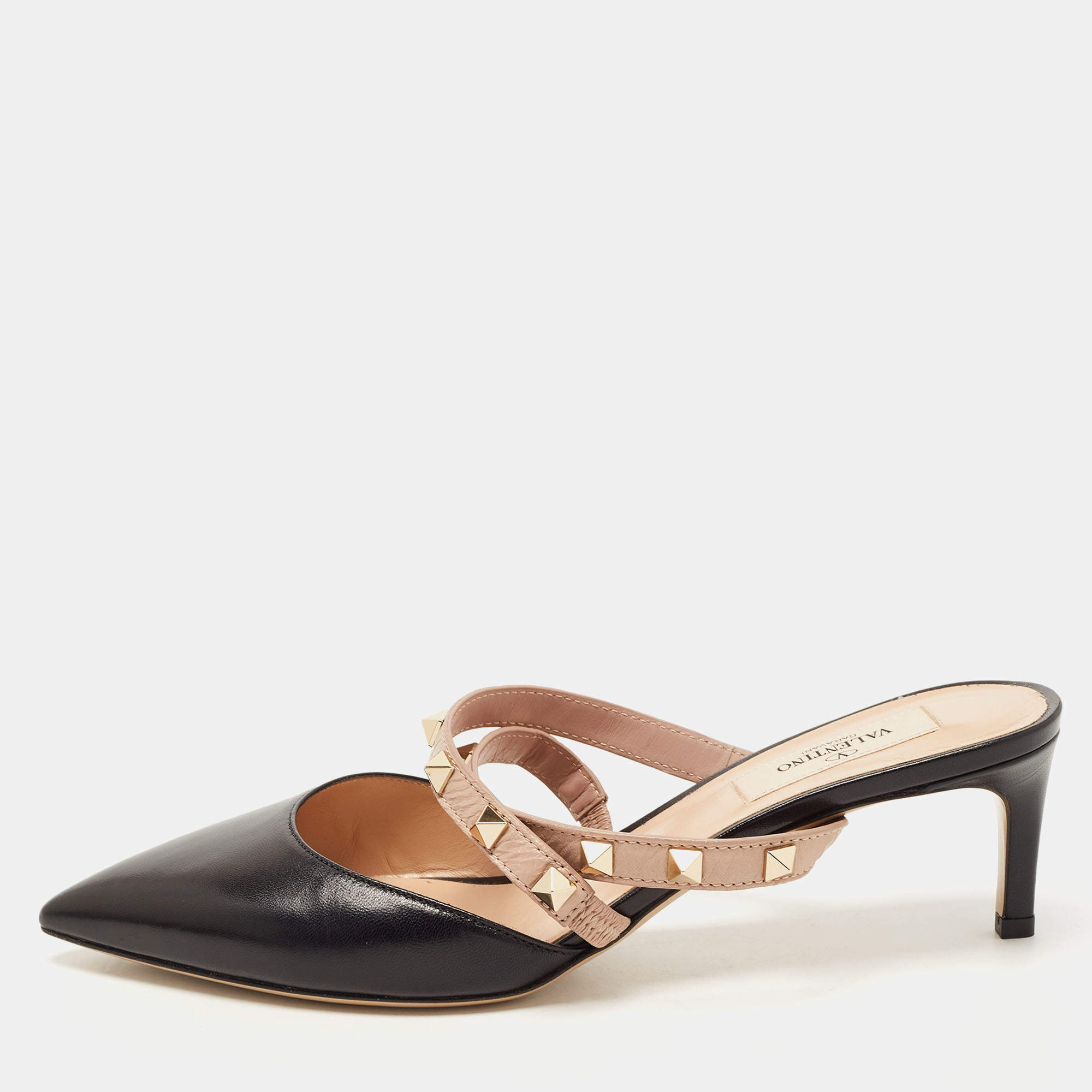 Pre Owned Valentino Black/Dusty Pink Leather Rockstud Mules Size 37