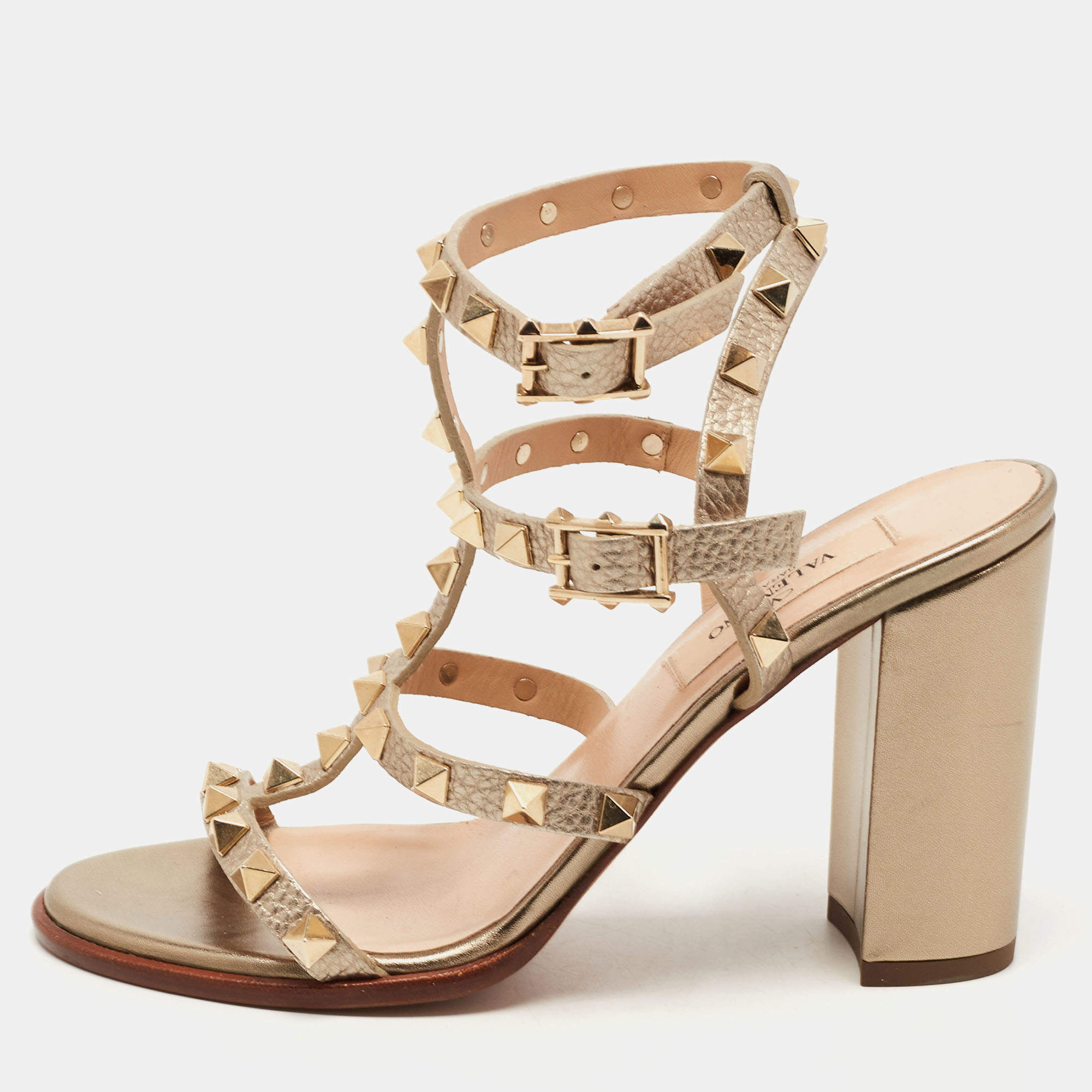 Pre Owned Valentino Metallic Leather Rockstud Ankle Strap Sandals Size 35