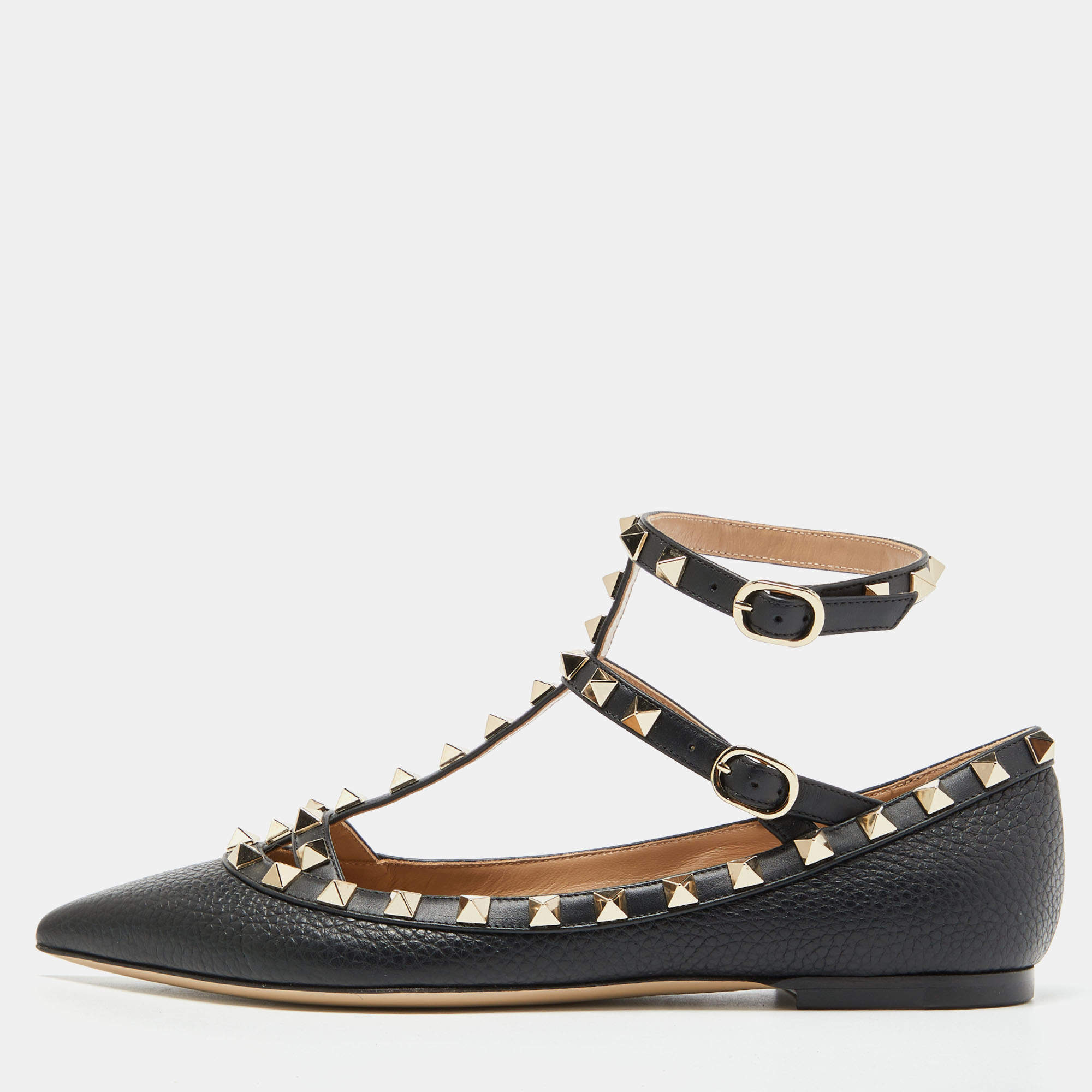 Pre Owned Valentino Black Leather Rockstud Flat Ankle Strap Sandals Size 37