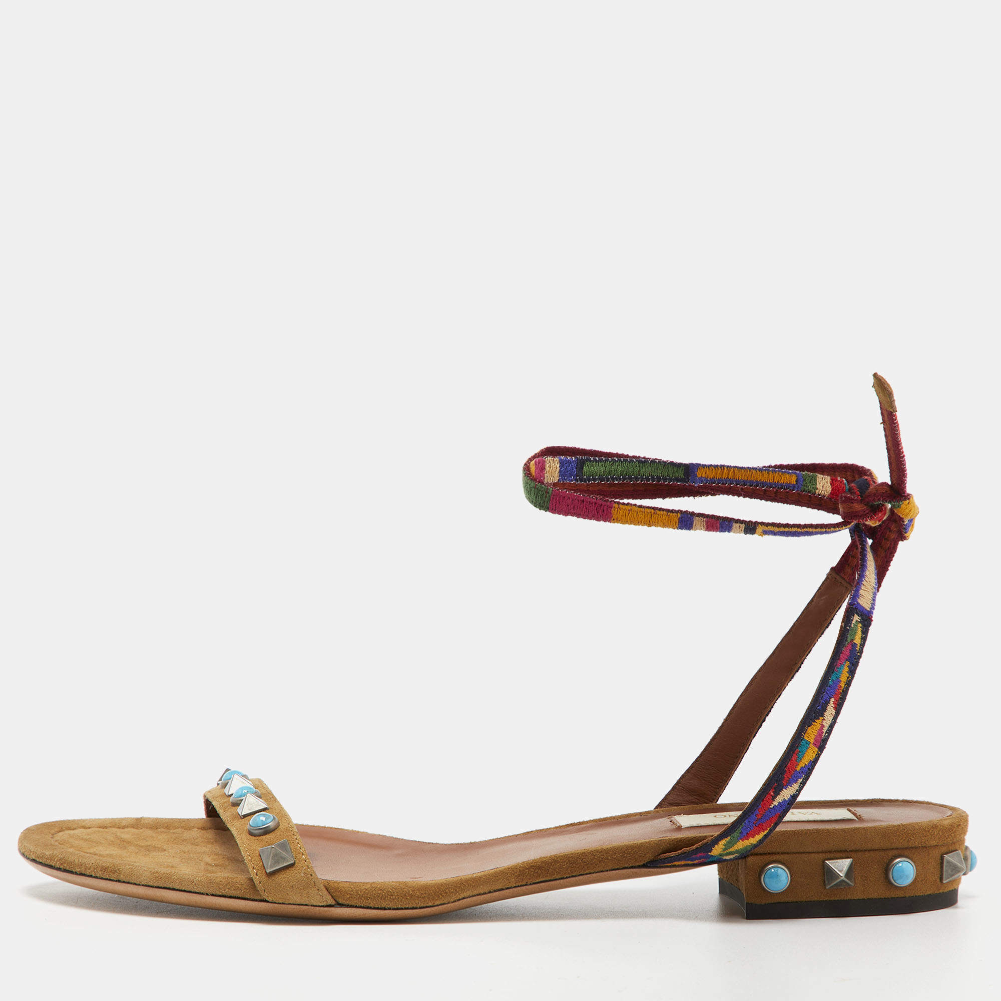 Pre Owned Valentino Brown Suede Rockstud Rolling Ankle Tie Flats Size 38.5