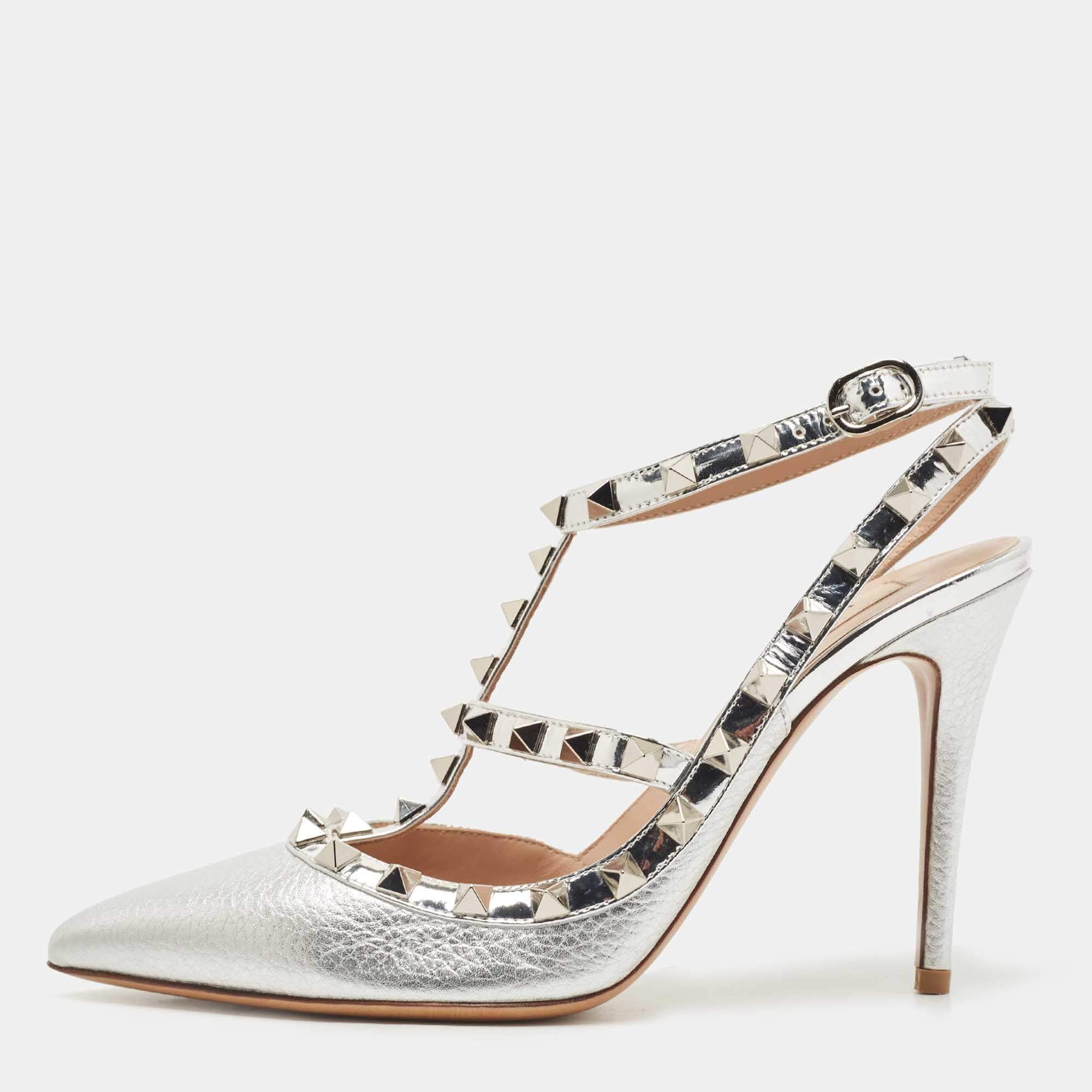 Pre Owned Valentino Silver Leather Rockstud Ankle Strap Pumps Size 36.5