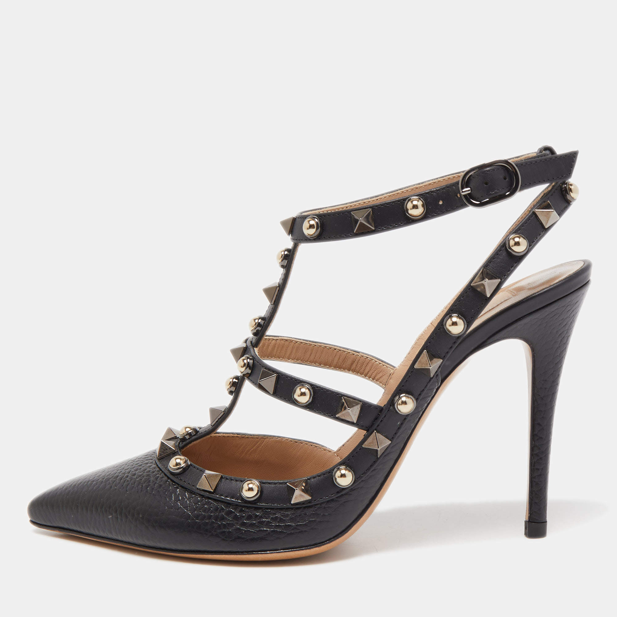 Pre Owned Valentino Black Leather Rockstud Strappy Pointed Toe Pumps Size 36.5