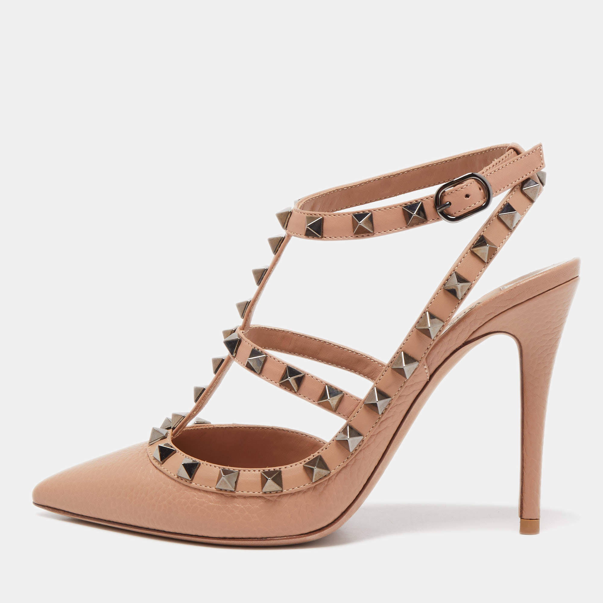 Pre Owned Valentino Beige Leather Rockstud Ankle Strap Pumps Size 36.5