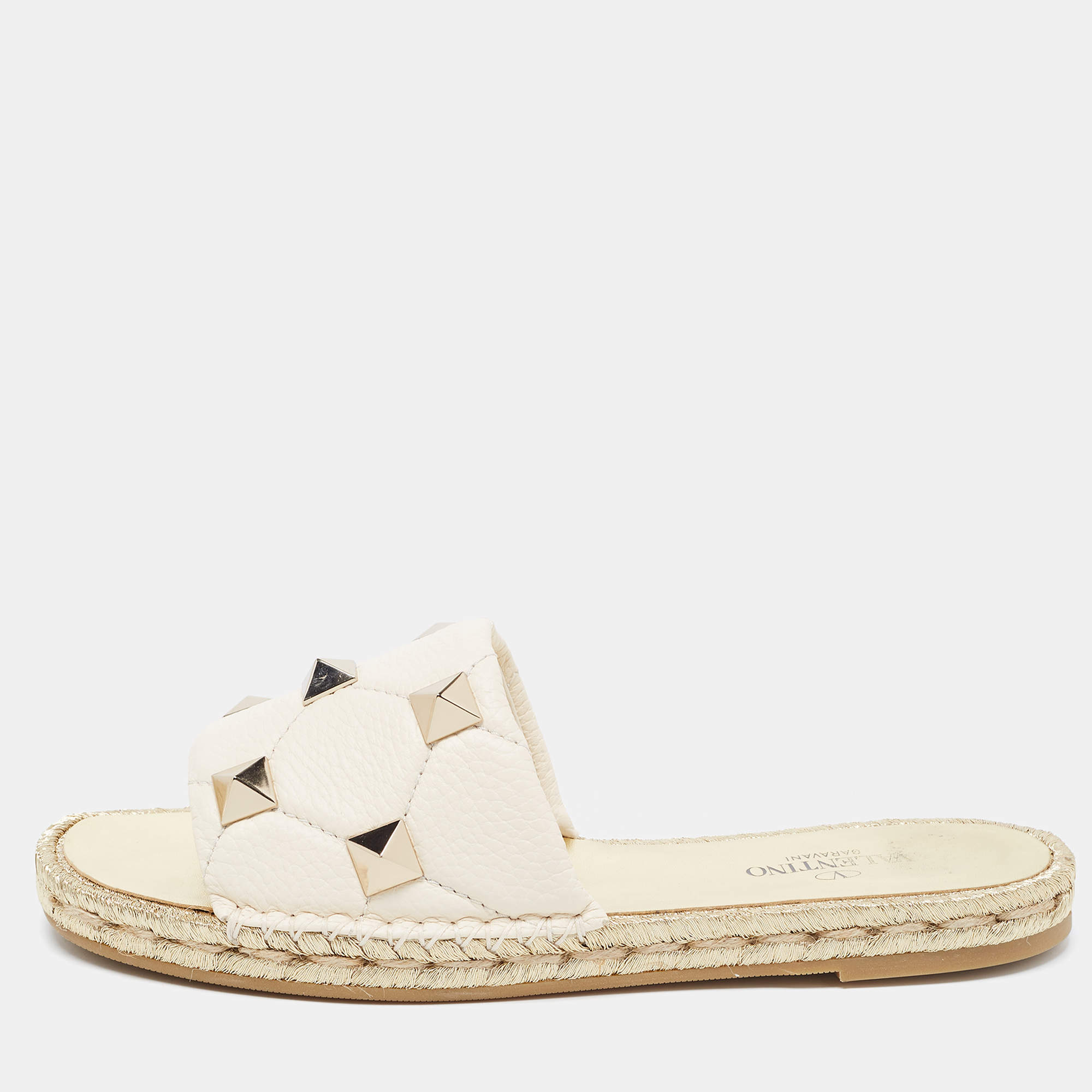 Pre Owned Valentino White Leather Roman Stud Raffia Flat Slides Size 40