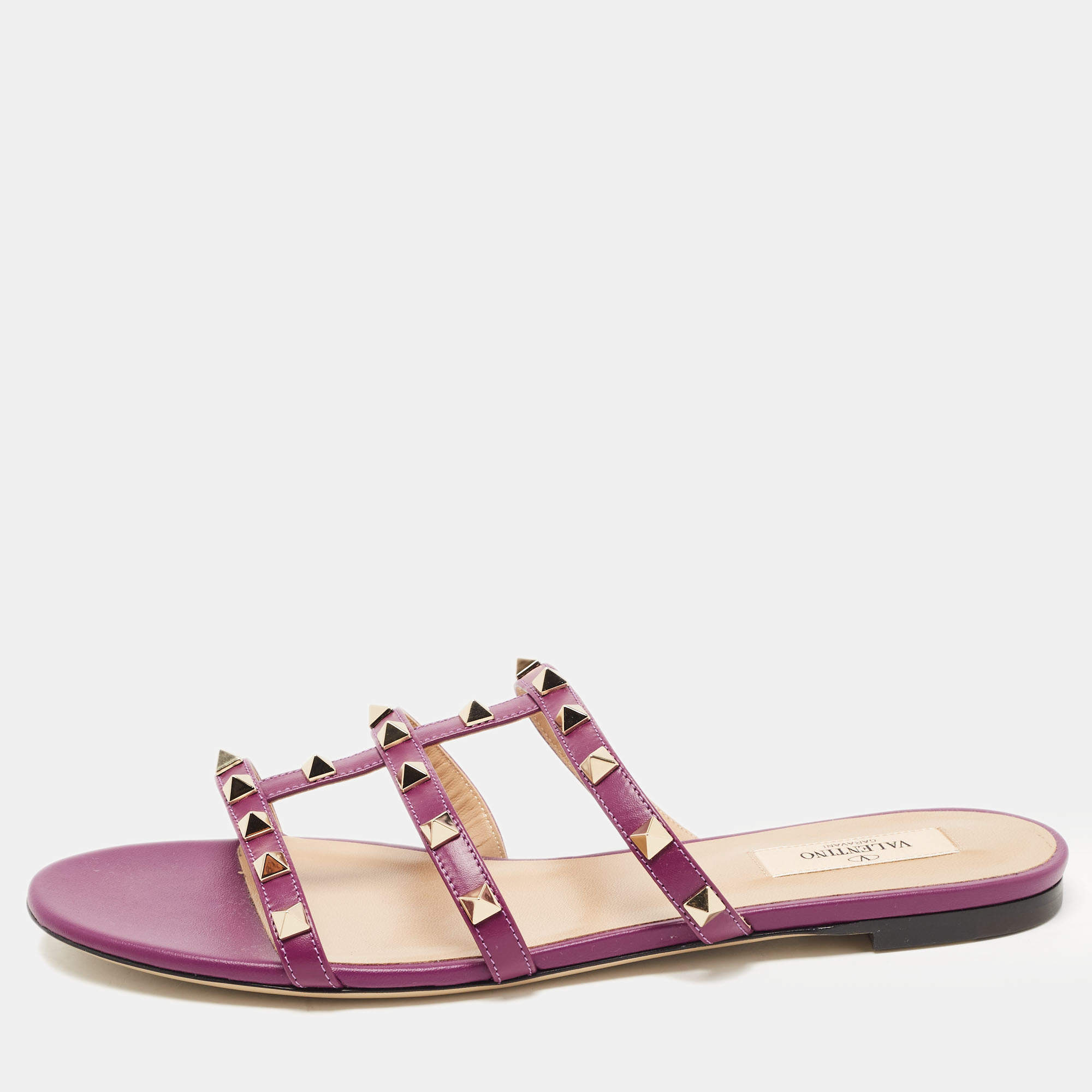 Pre Owned Valentino Purple Leather Rockstud Flat Slides Size 40