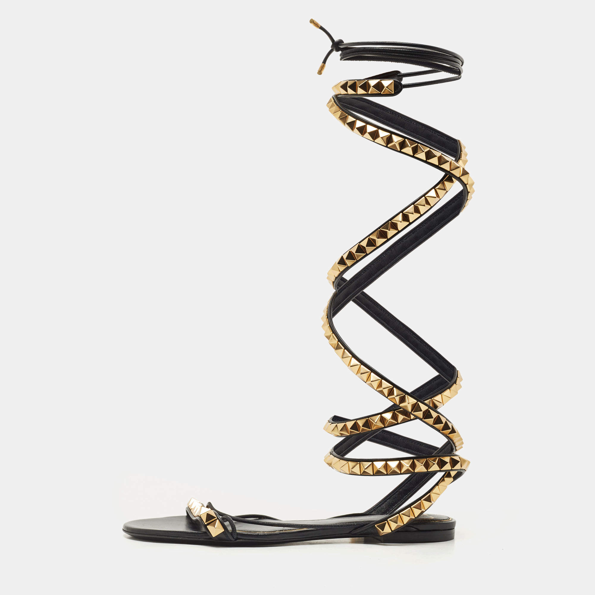 Pre Owned Valentino Black Leather Rockstud Ankle Strap Flat Sandals  Size 38.5