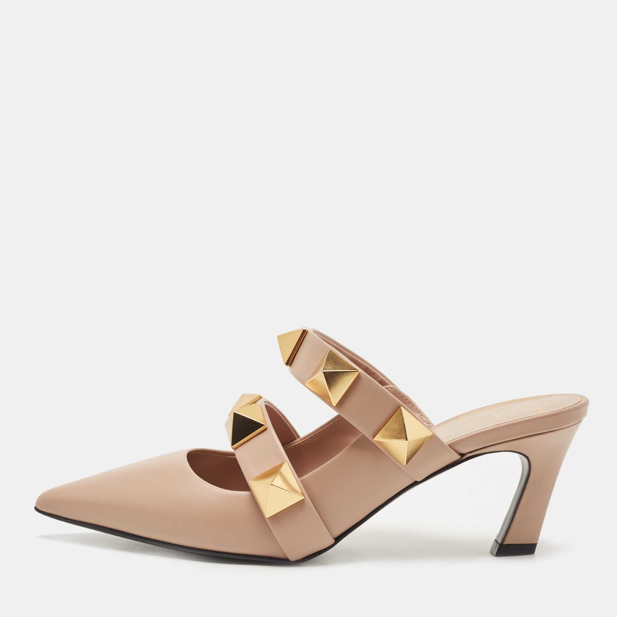 Pre Owned Valentino Dusty Pink Leather Roman Stud Pointed Toe Mules Size 36.5