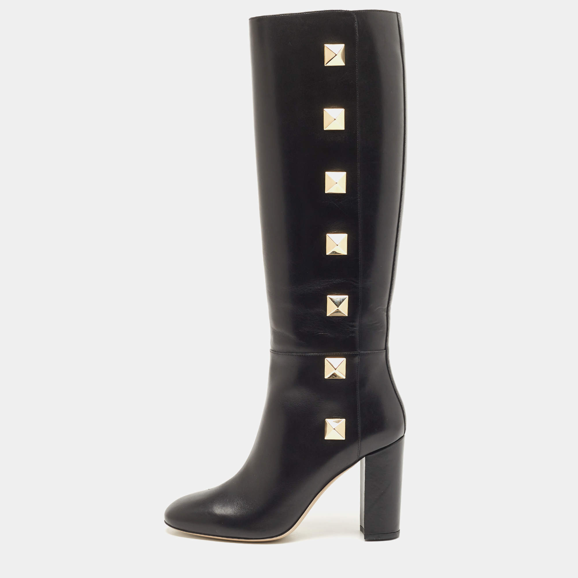 Pre Owned Valentino Black Leather Rockstud Knee Length Boots Size 39.5