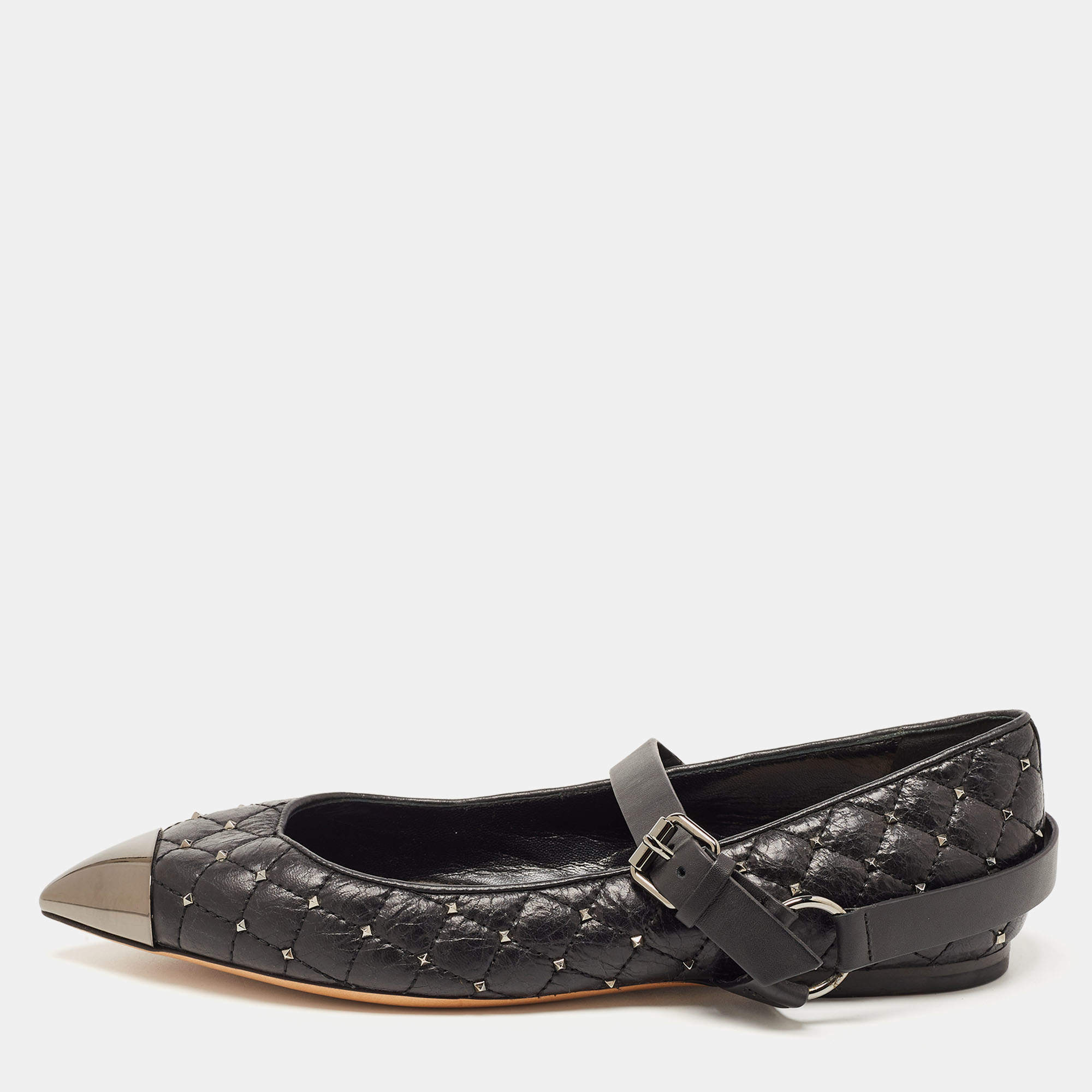 Pre Owned Valentino Black Leather Rockstud Ballet Flats Size 37.5