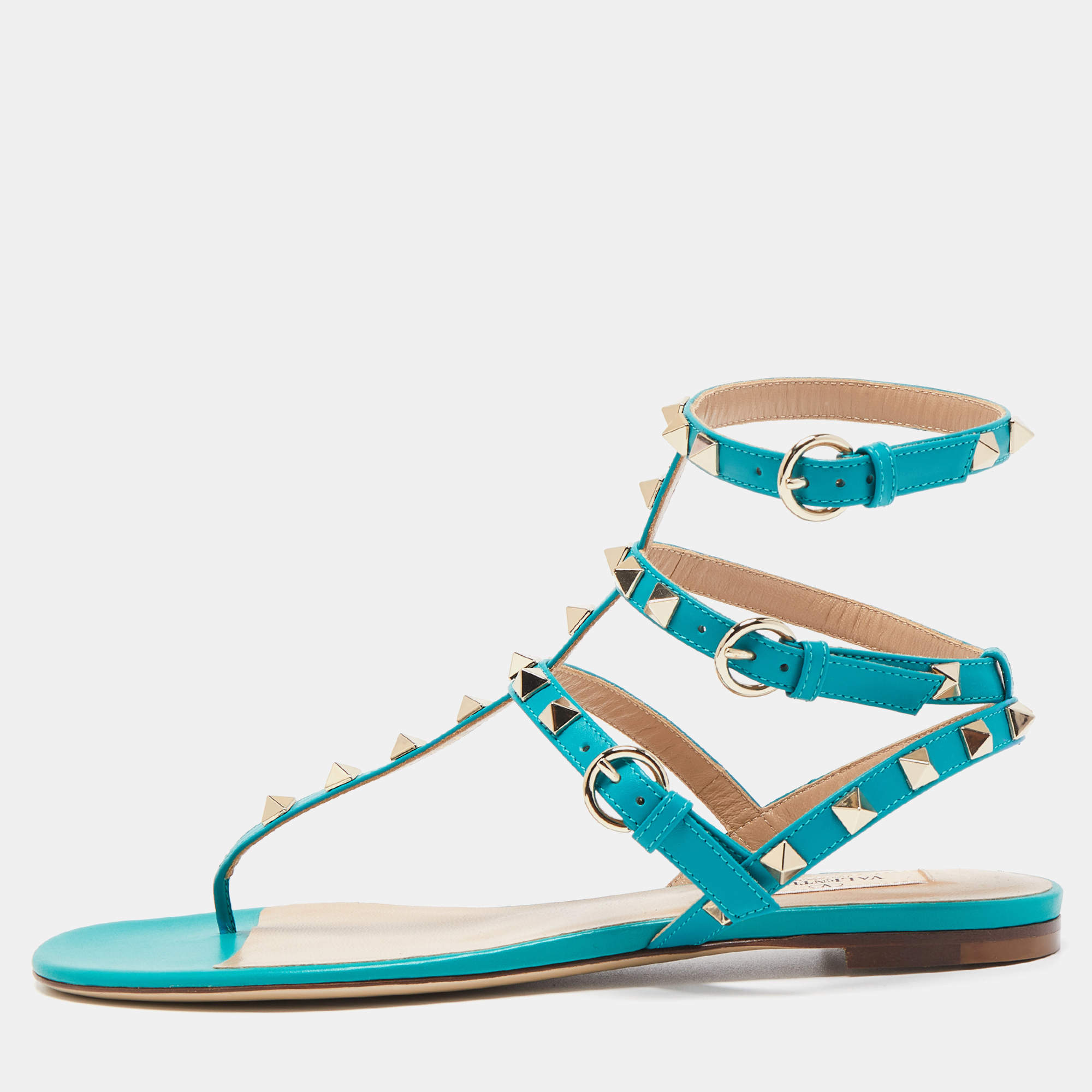 Pre Owned Valentino Green Leather Rockstud Ankle Strap Flats Size 38