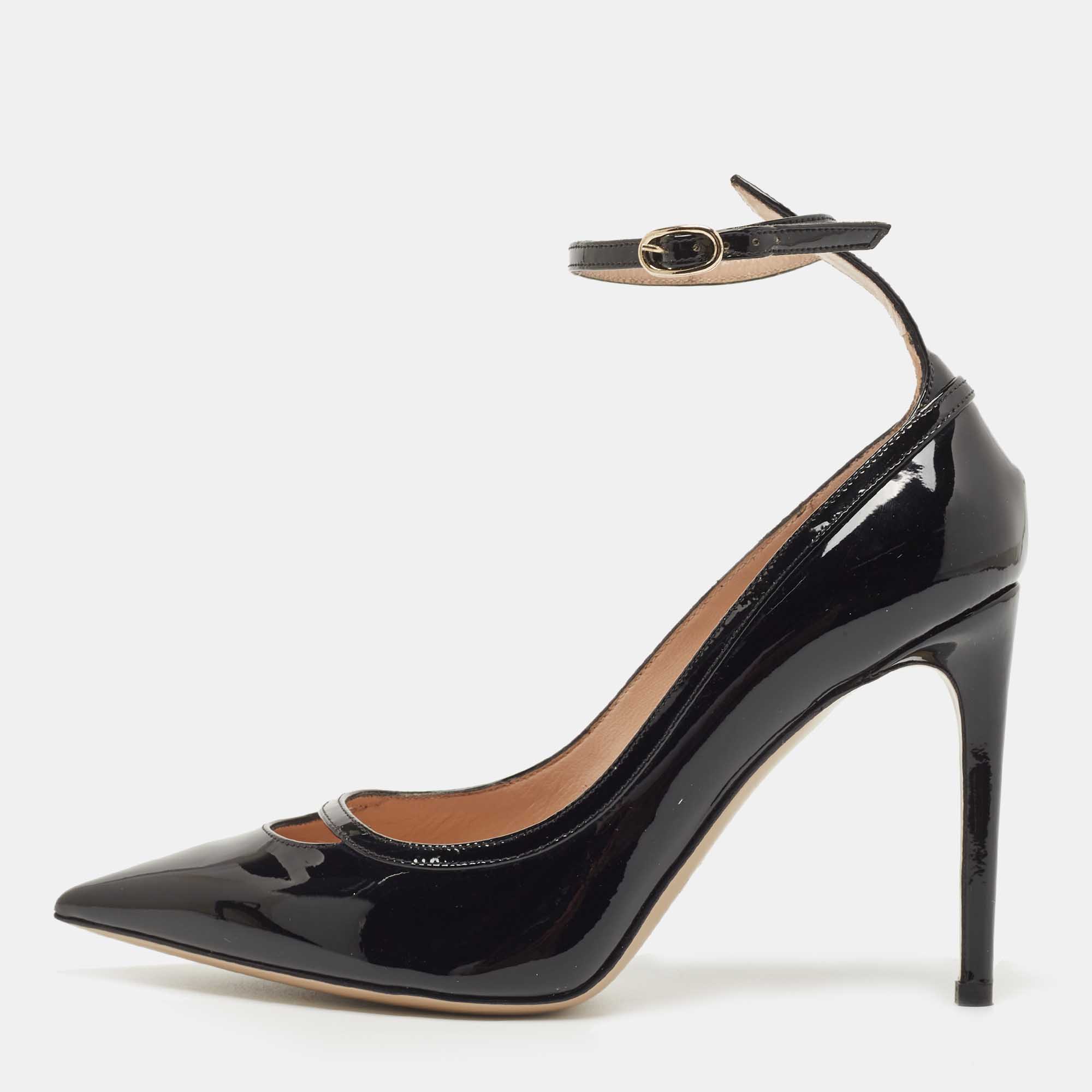 Pre Owned Valentino Black Patent Leather Ankle Cuff Pointed Toe Pumps Size 37