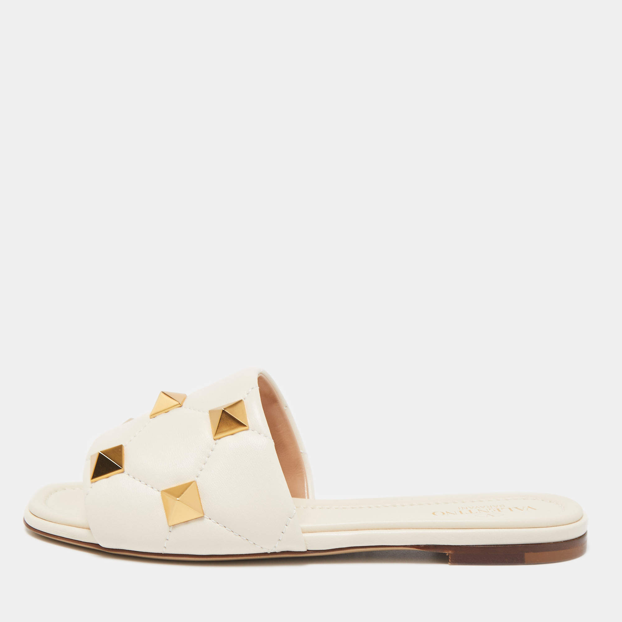Pre Owned Valentino White Leather Roman Stud Flat Slides Size 37
