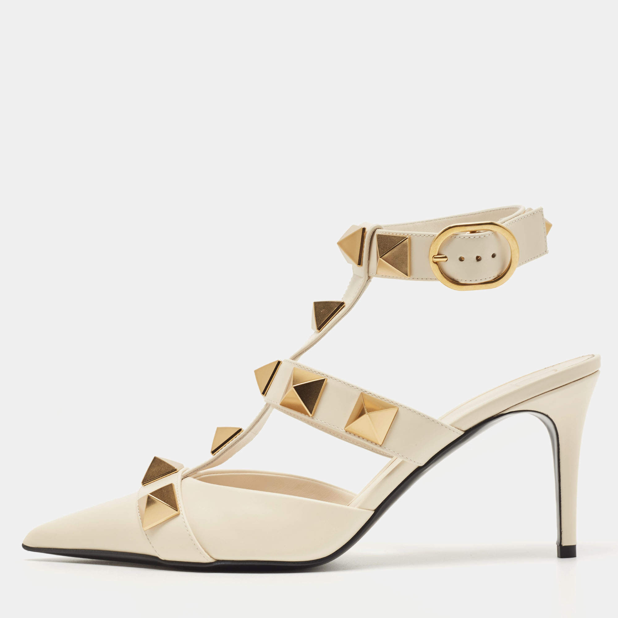 Pre Owned Valentino Off White Leather Roman Stud Ankle Strap Pumps Size 40