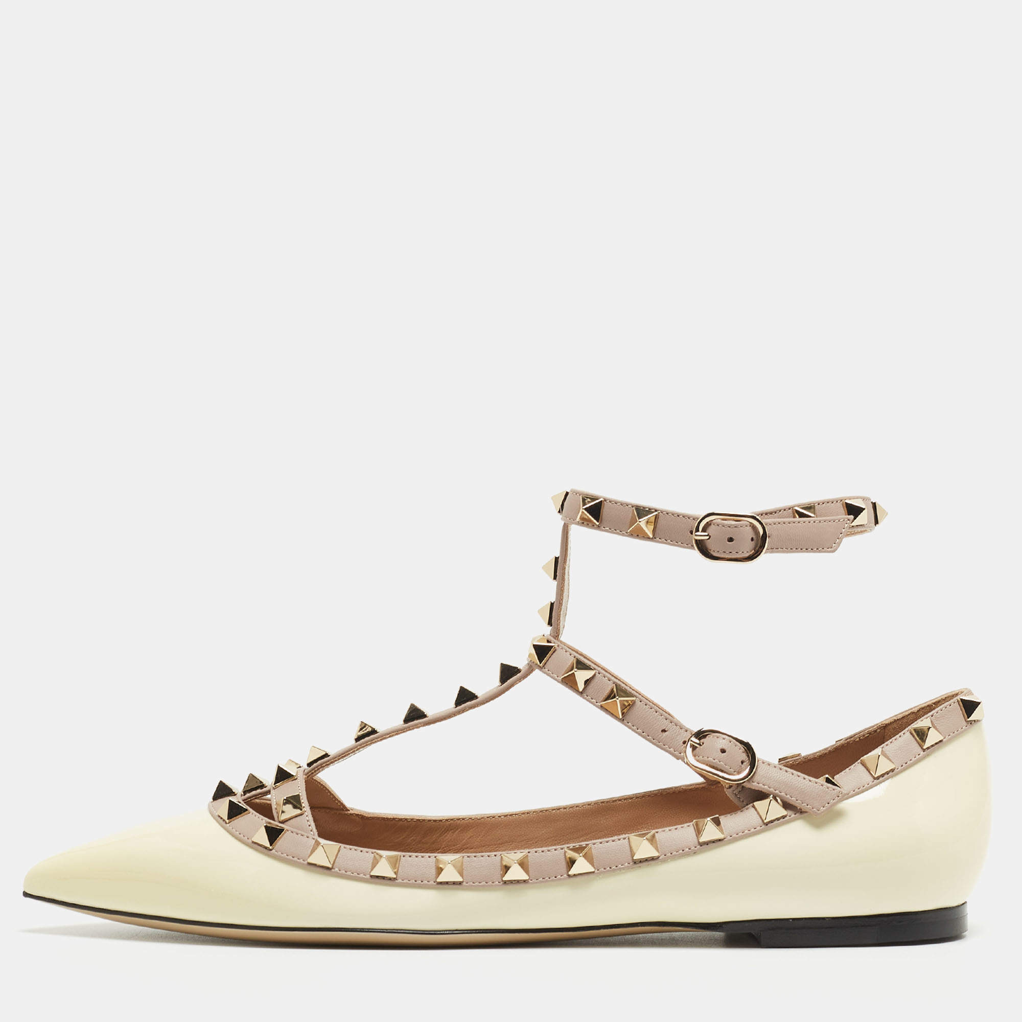 Pre Owned Valentino Cream Patent Leather Rockstud Ankle Strap Ballet Flats Size 40.5