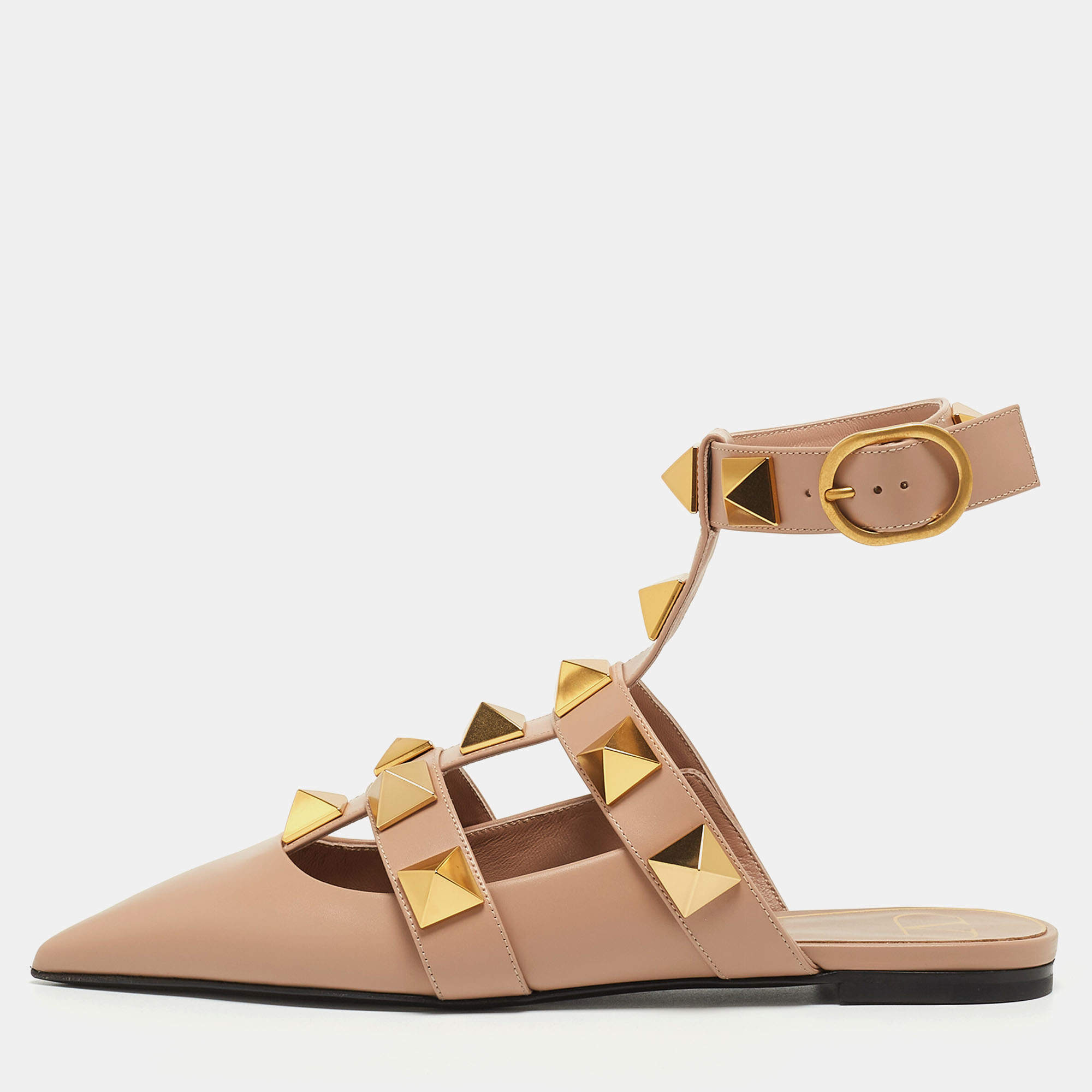 Pre Owned Valentino Beige Leather Roman Stud Ankle Cuff Flat Sandals Size 38
