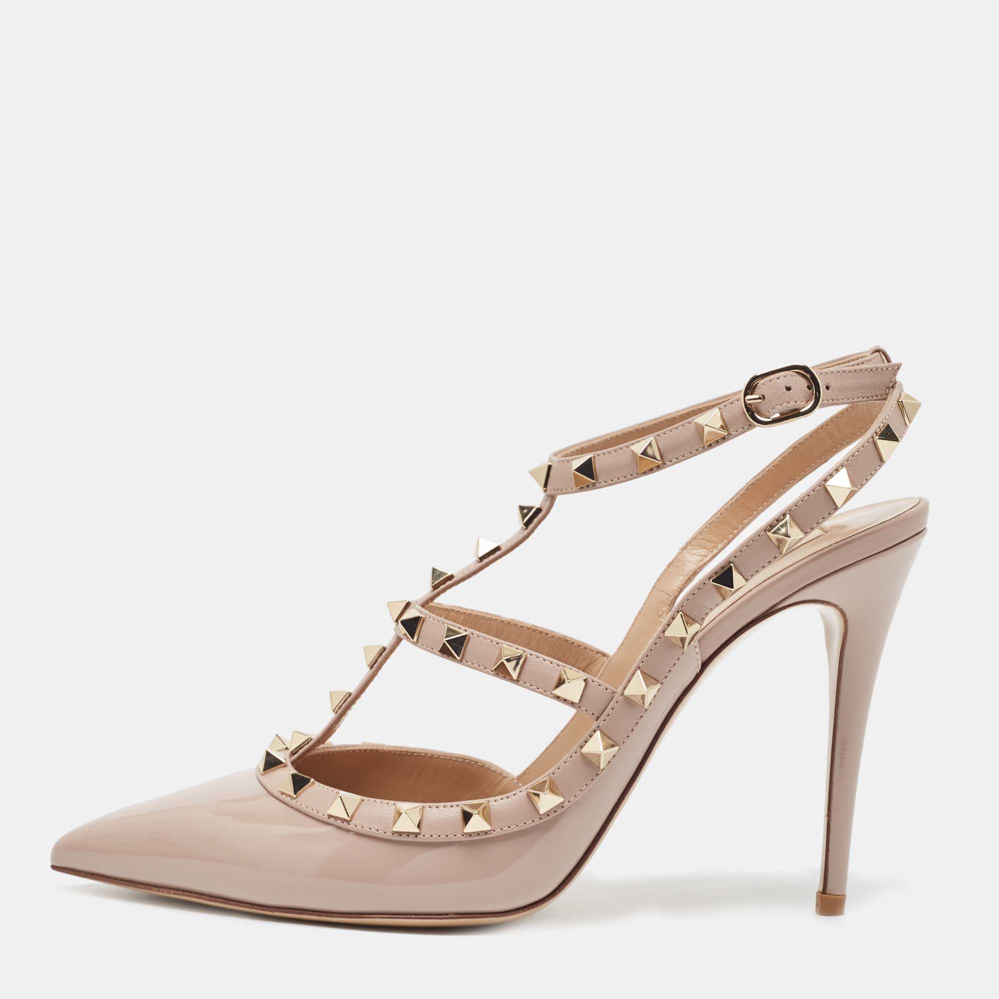 مملوكة مسبقًا Valentino Powder Pink Patent Leather Rockstud Strappy Pointed Toe Pumps Size 41.5