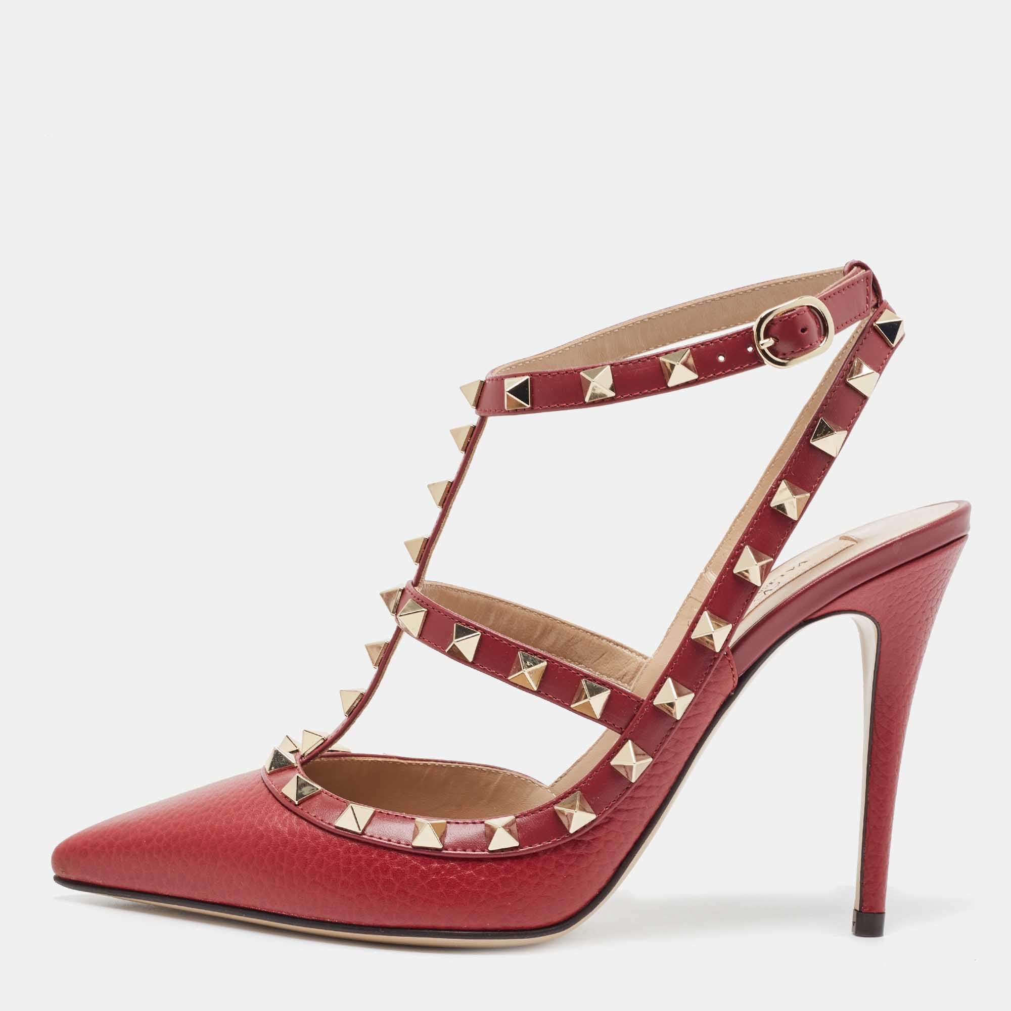 Pre Owned Valentino Red Leather Rockstud Strappy Pointed Toe Pumps Size 39