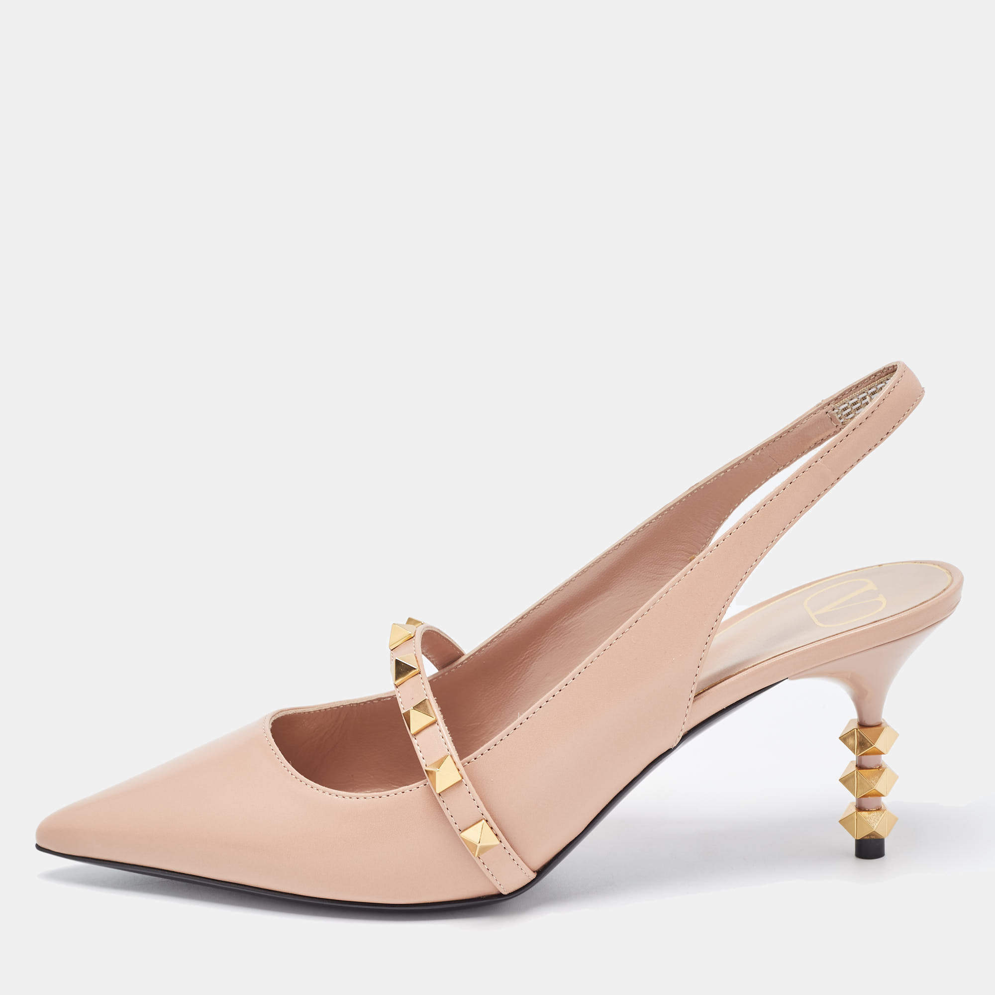Pre Owned Valentino Beige Leather Rockstud Slingback Pumps Size 38.5