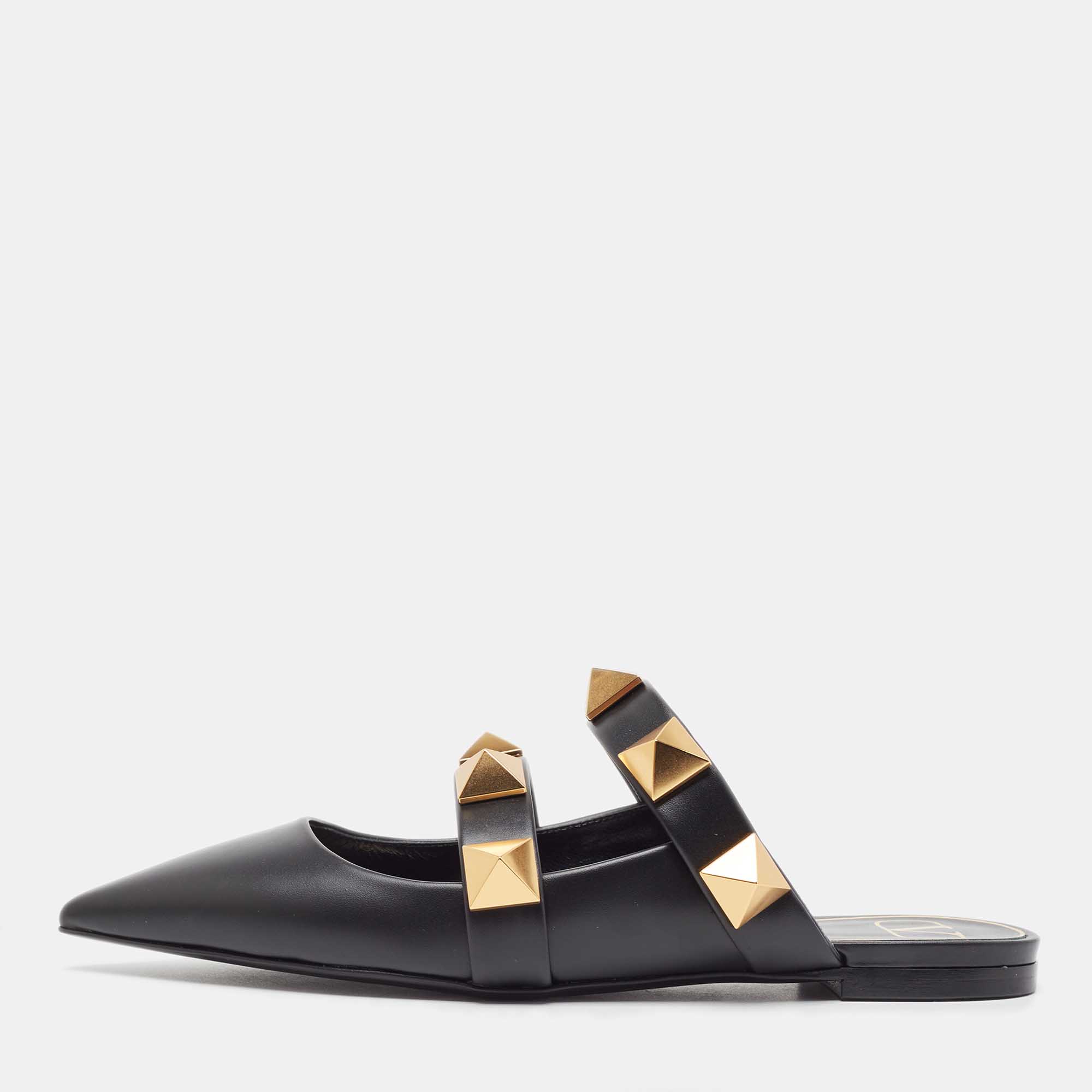 Pre Owned Valentino Black Leather Roman Stud Mules Size 37