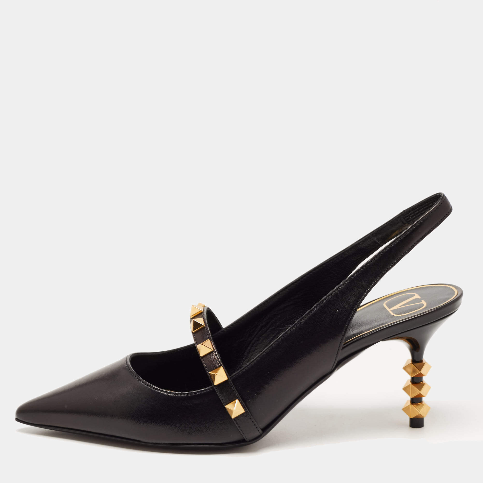 Pre Owned Valentino Black Leather Rockstud Slingback Pumps Size 37