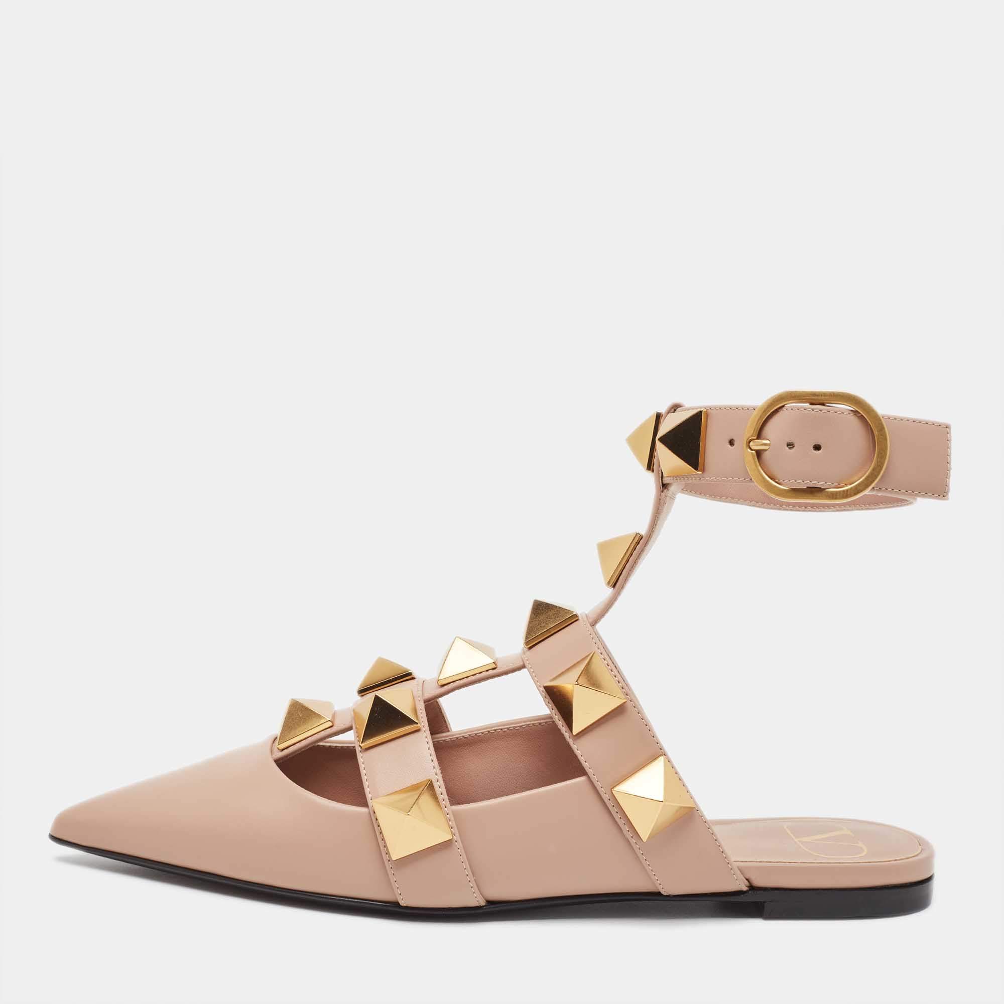 Pre Owned Valentino Beige Leather Roman Stud Ankle Strap Sandals Size 36