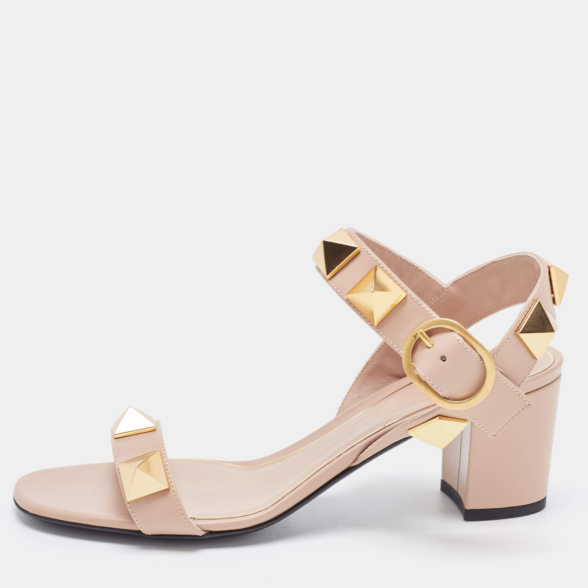 Pre Owned Valentino Pink Leather Roman Stud Ankle Strap Sandals Size 38.5