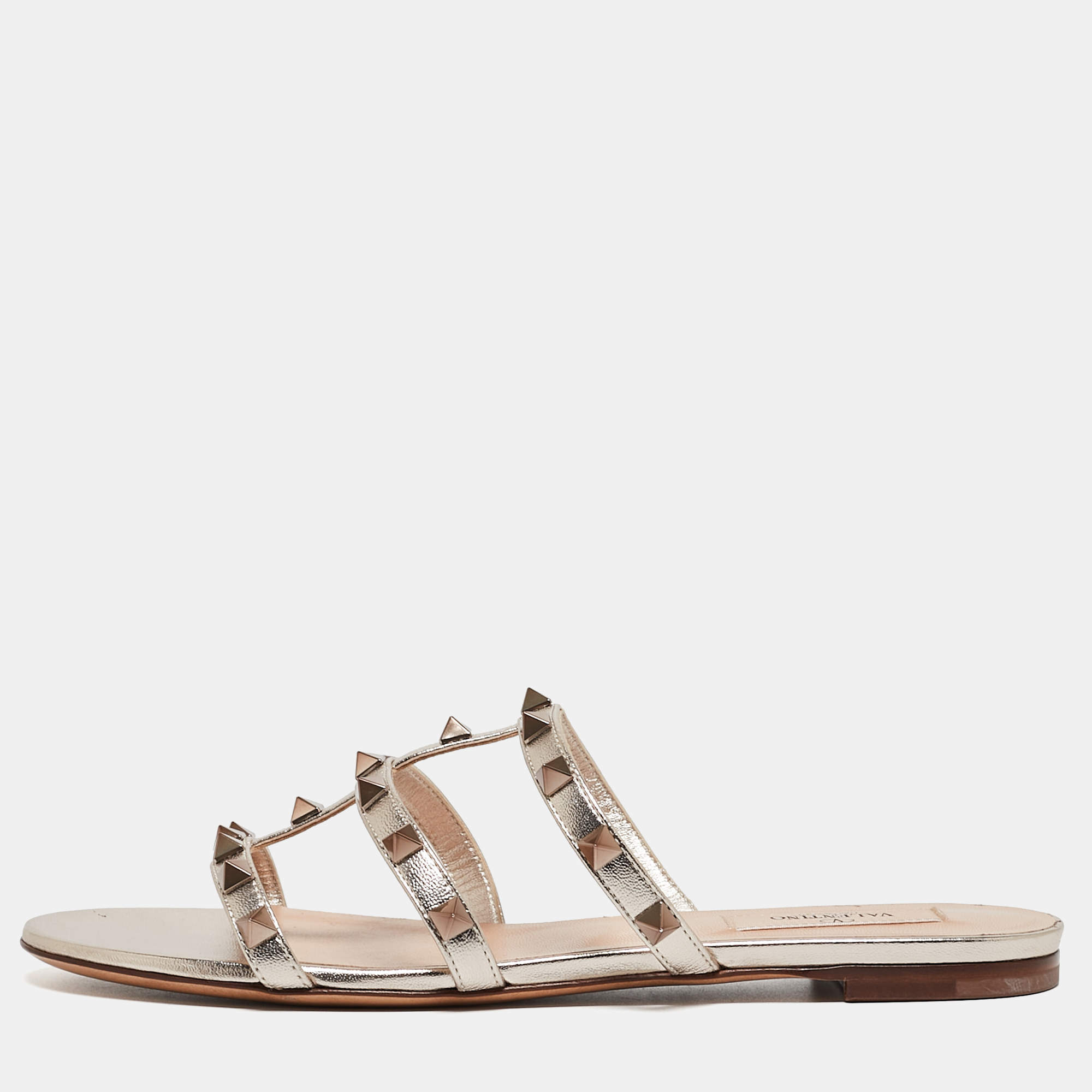 Pre Owned Valentino Gold Foil Leather Rockstud Strappy Flat Sandals Size 37