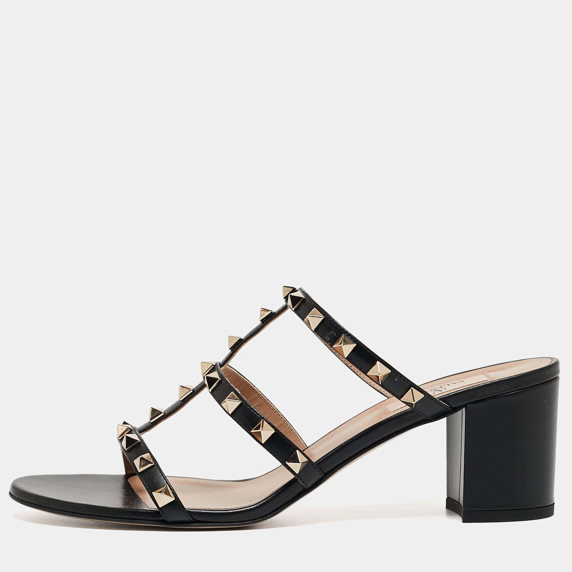 Pre Owned Valentino Black Leather Rockstud Slide Sandals Size 40.5