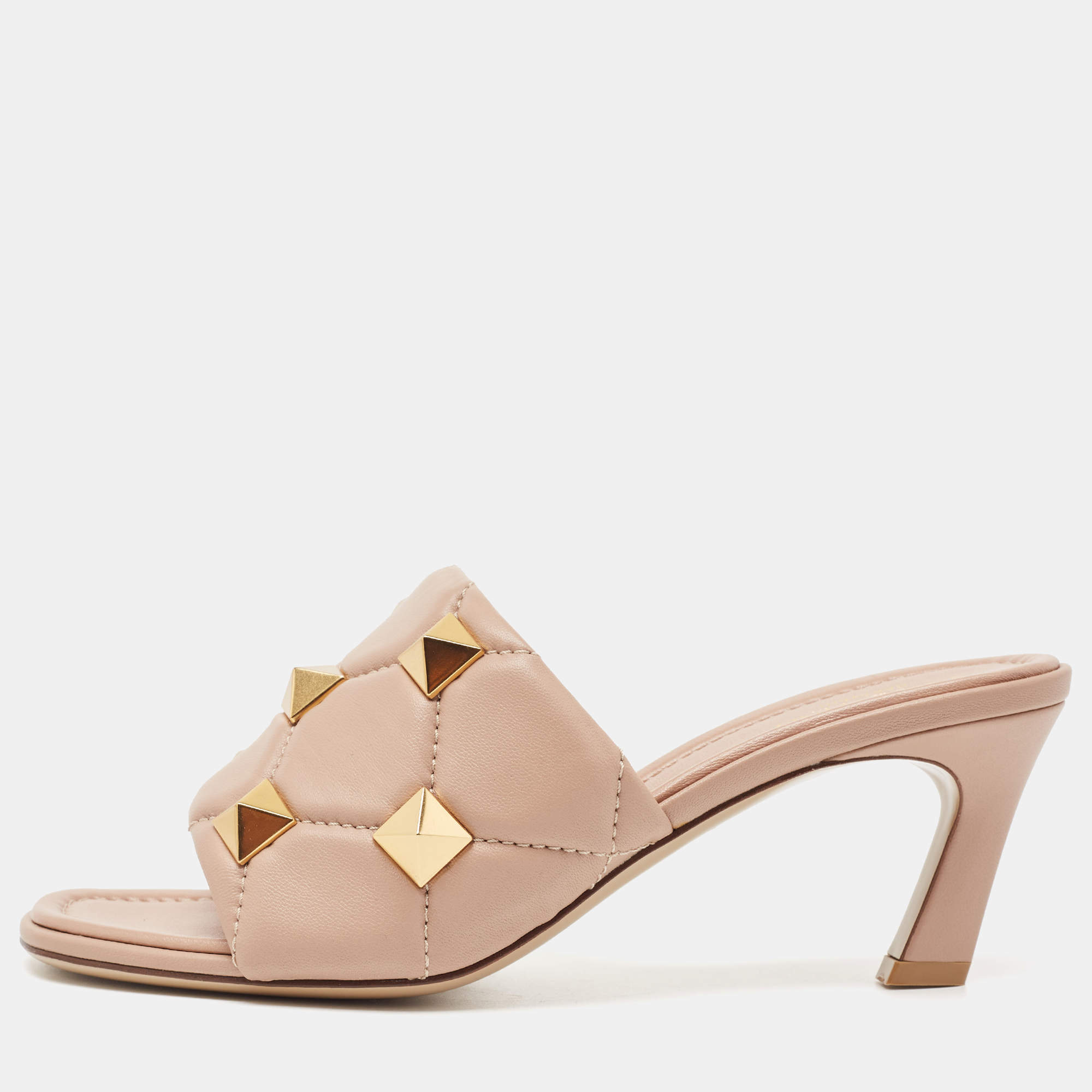 Valentino Pink Leather Roman Stud Slides Size 37.5