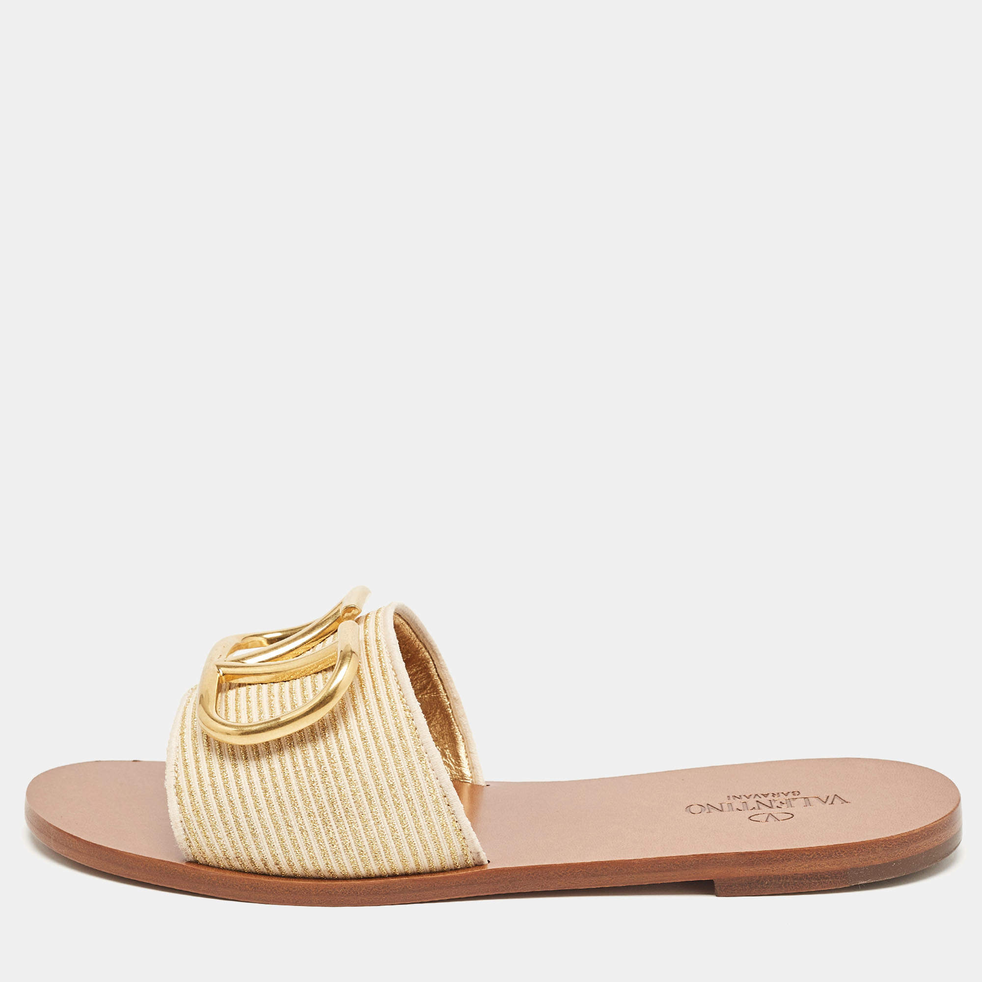 Pre Owned Valentino Beige Canvas Escape VLogo Flat Slides Size 38