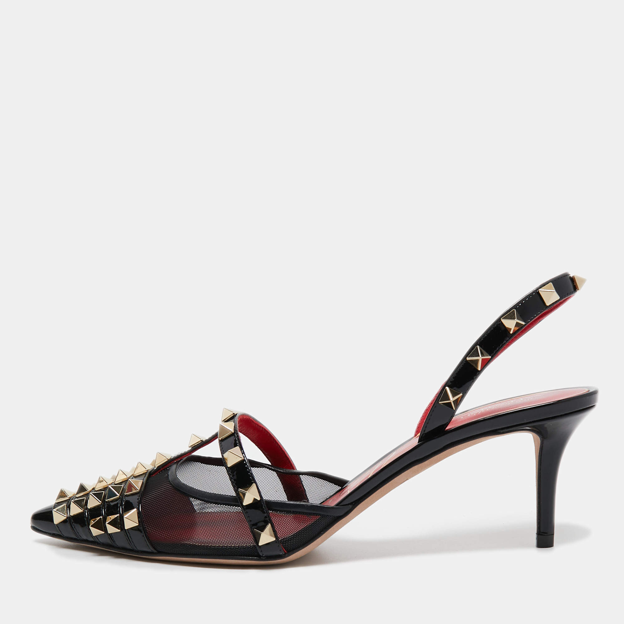 Pre Owned Valentino Black Patent Leather and Mesh Alcove Slingback Pump Size 38