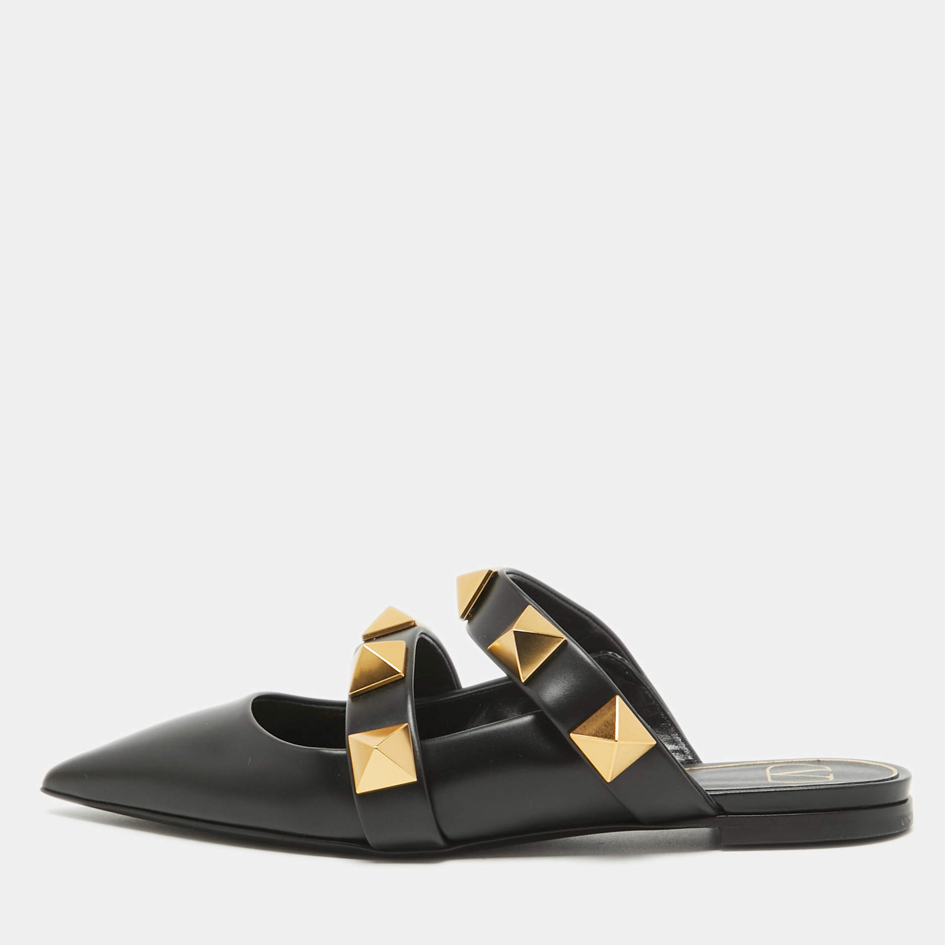 Pre Owned Valentino Black Leather Roman Stud Flat Mules Size 37