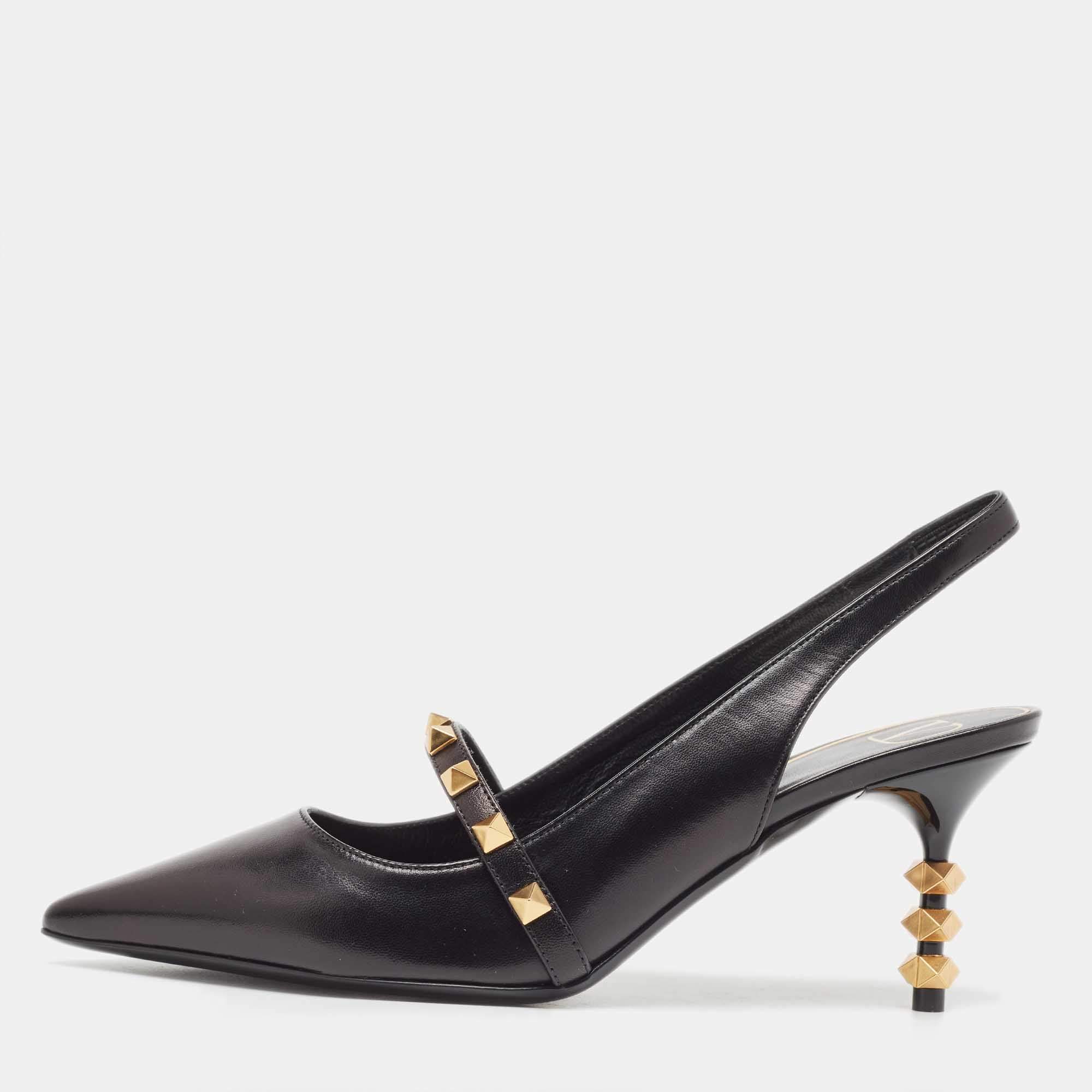 Pre Owned Valentino Black Leather Rockstud Slingback Pumps Size 37