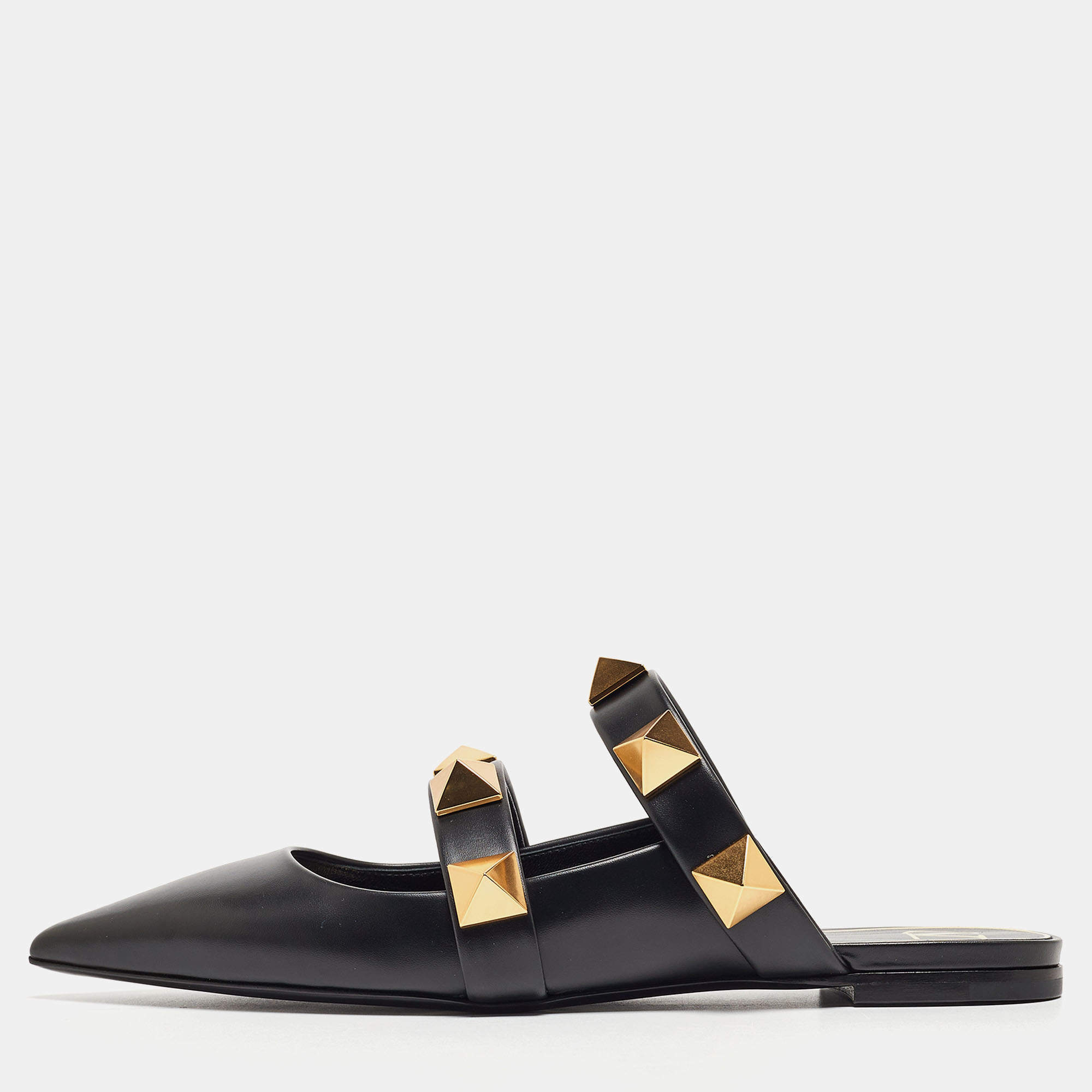 Pre Owned Valentino Black Leather Roman Stud Flat Mules Size 39