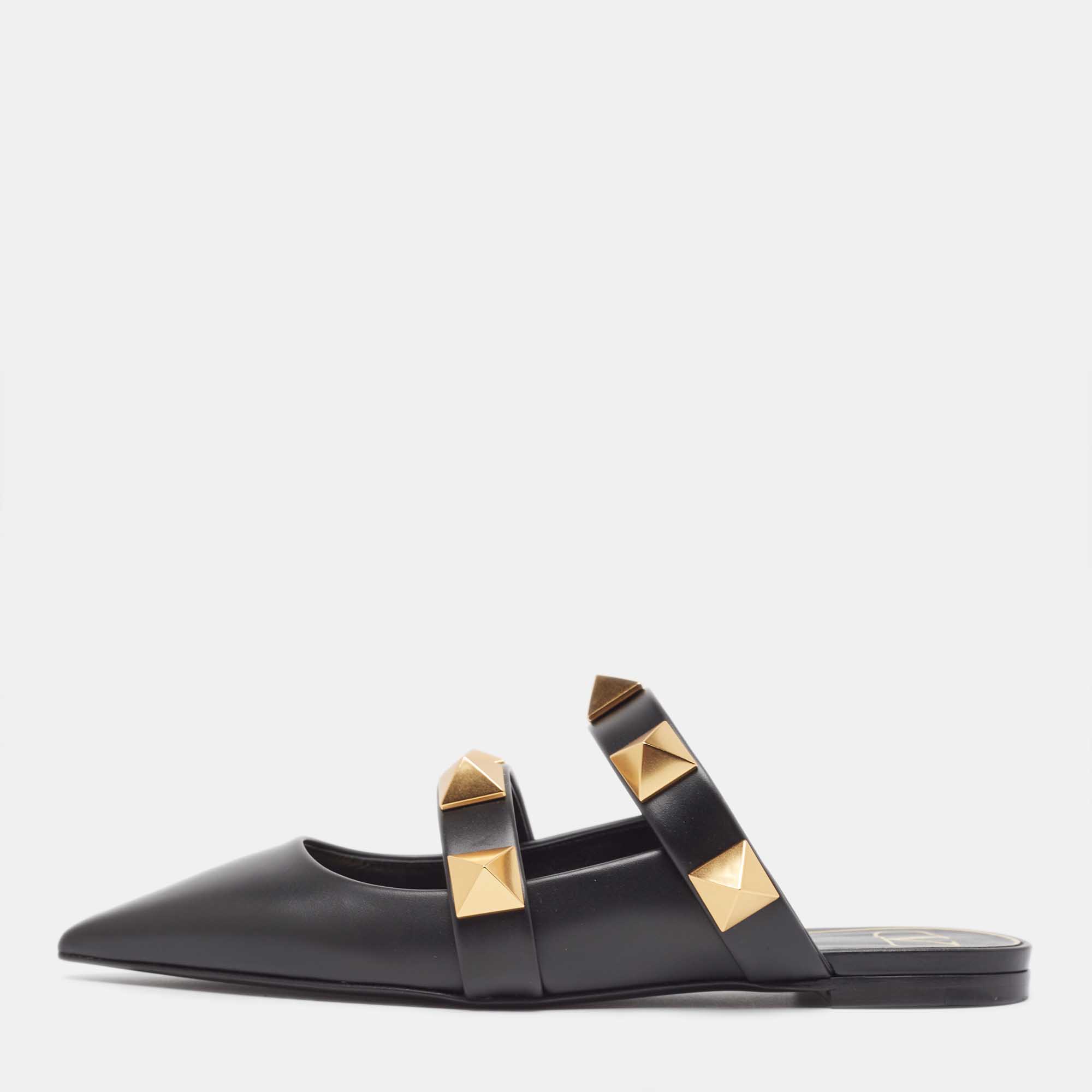 Pre Owned Valentino Black Leather Roman Stud Flat Mules Size 38