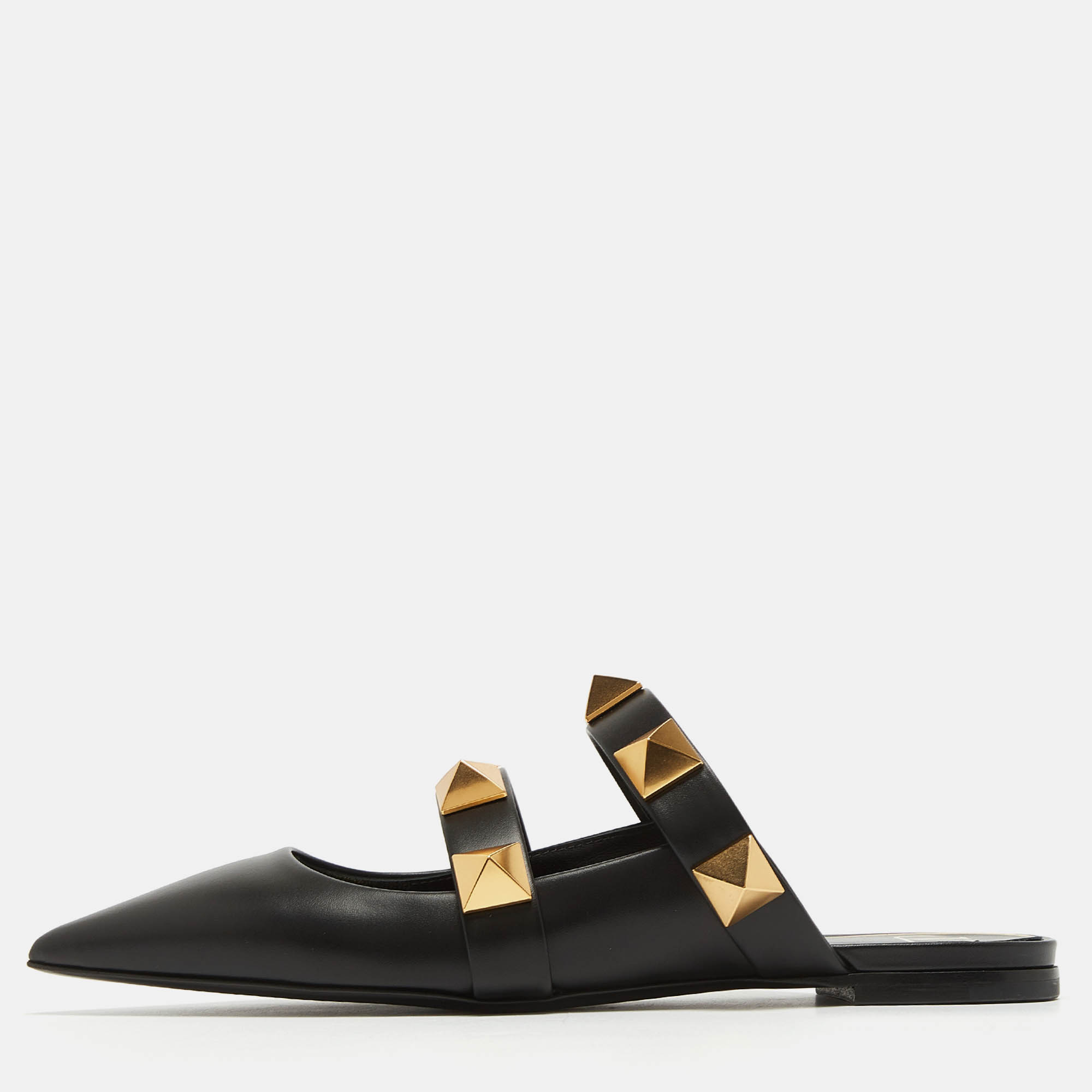 Pre Owned Valentino Black Leather Roman Stud Flat Mules Size 38.5