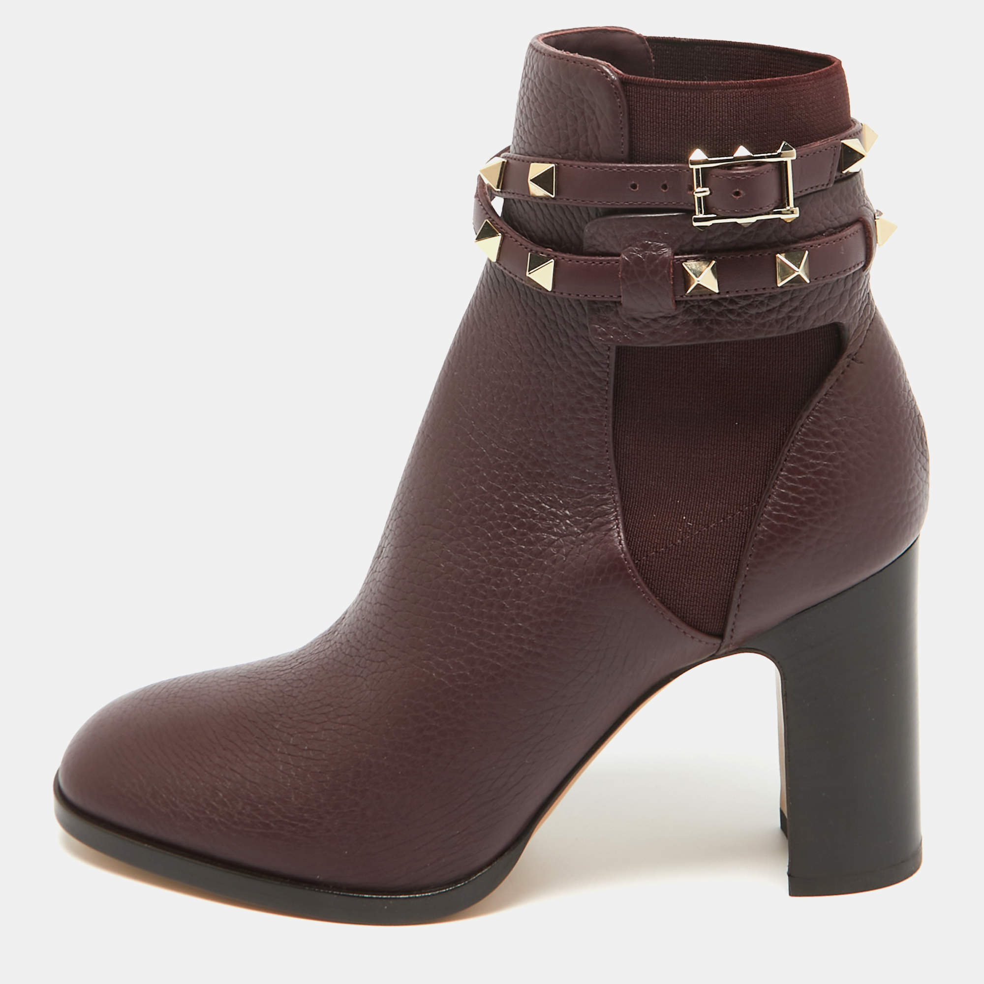 Pre Owned Valentino Burgundy Leather Rockstud Ankle Boots Size 37.5