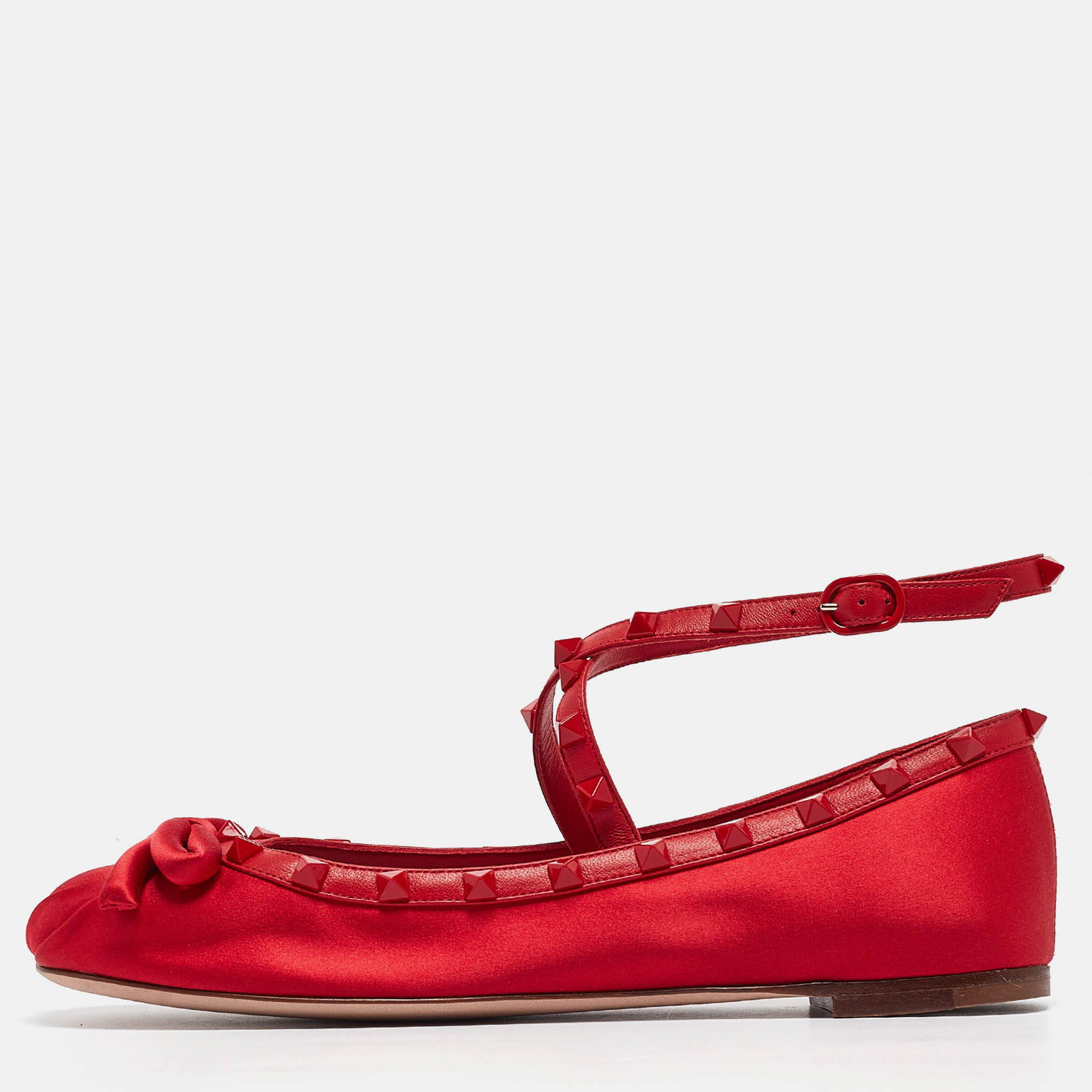 Valentino Red Satin Rockstud Ankle Strap Ballet Flats Size 39.5