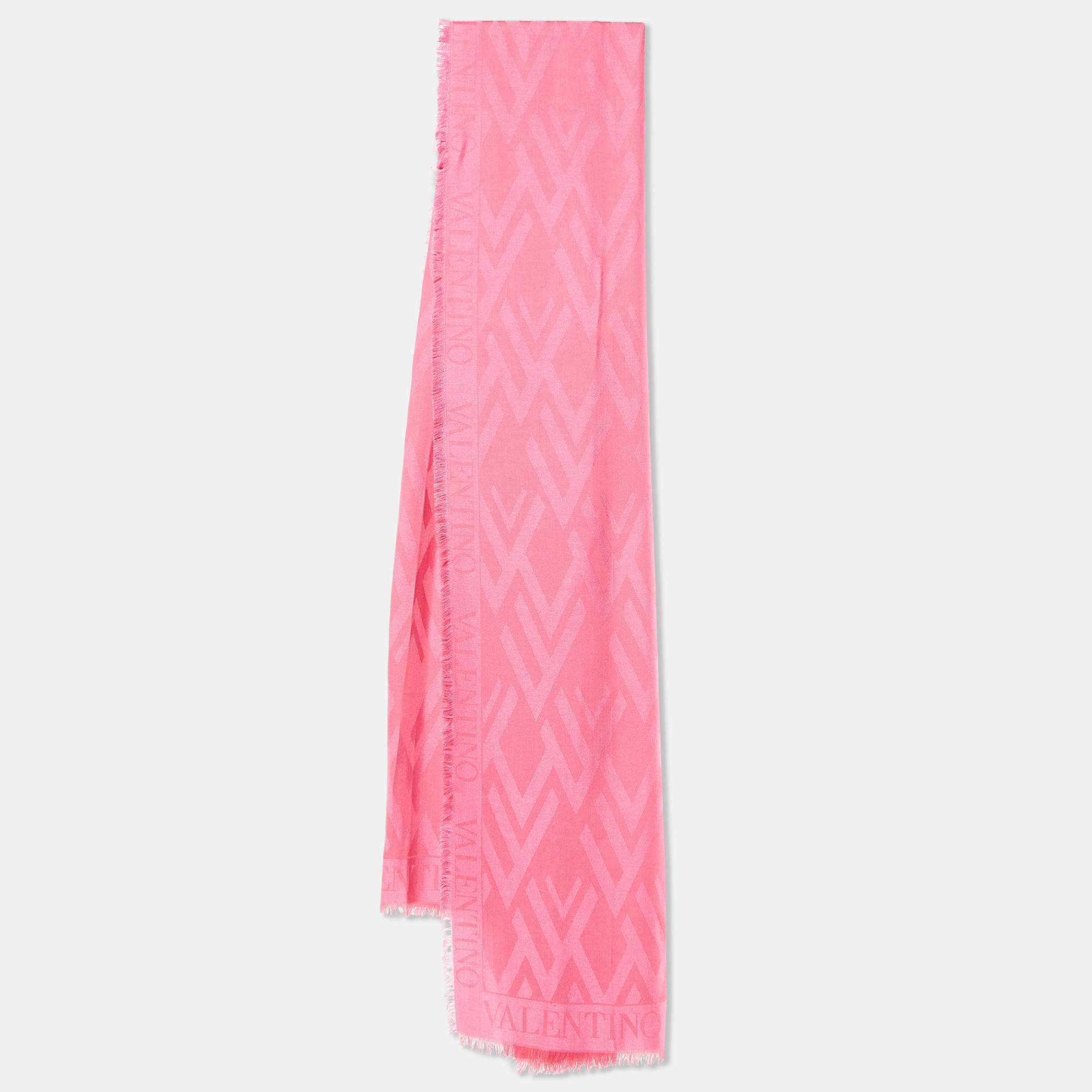 Pre Owned Valentino Pink V Logo Pattern Modal & Wool Blend Scarf