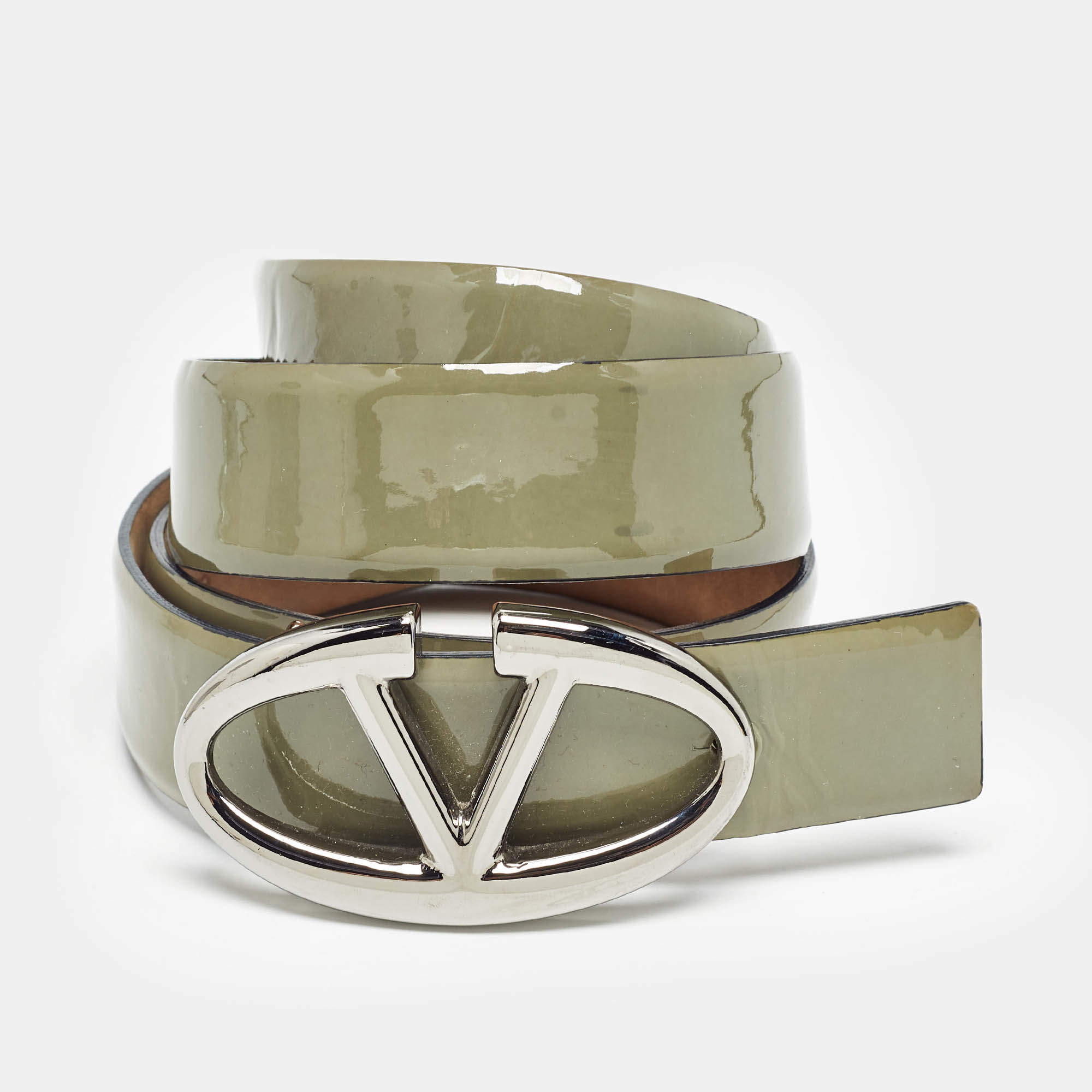 Pre Owned Valentino Olive Green Patent Leather VLogo Buckle Belt 85 CM