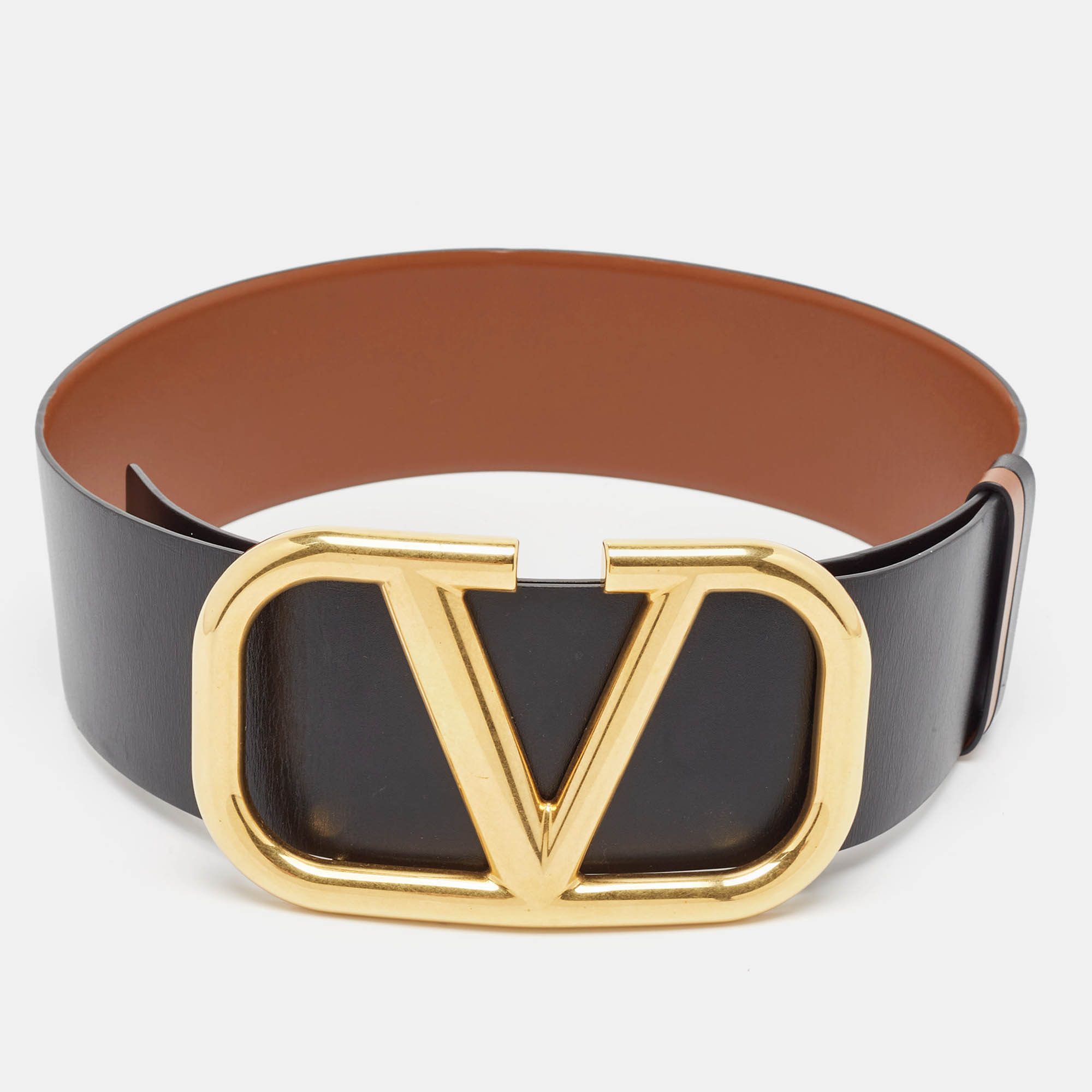 Pre Owned Valentino Black/Brown Leather VLogo Reversible Wide Belt 75CM