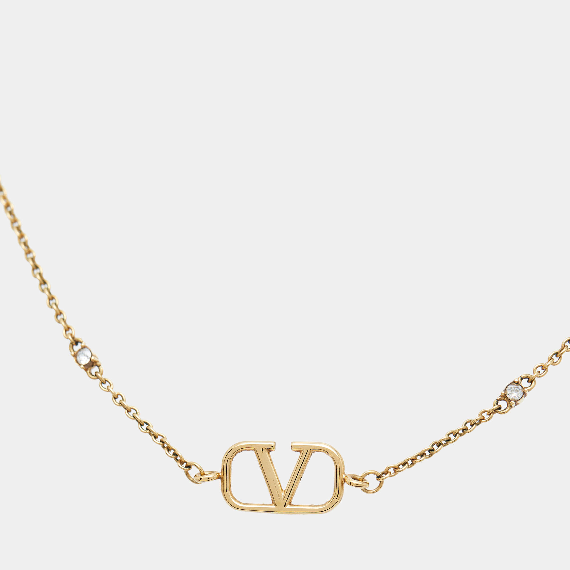 Pre Owned Valentino Vlogo Signature Crystal Gold Tone Necklace