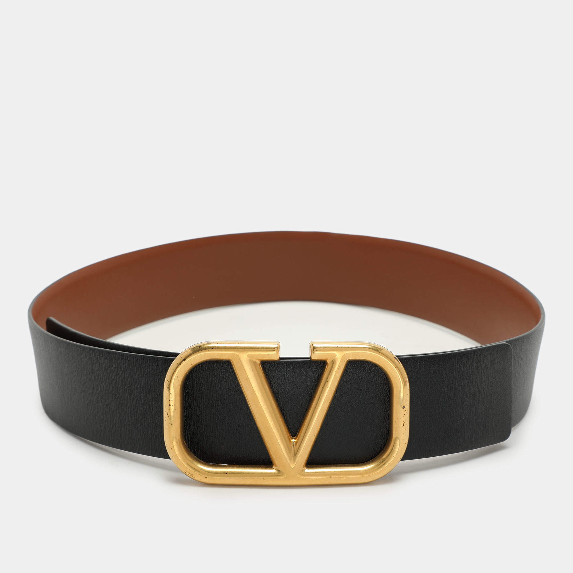 Pre Owned Valentino Black/Brown Leather  VLogo Reversible Belt 28CM