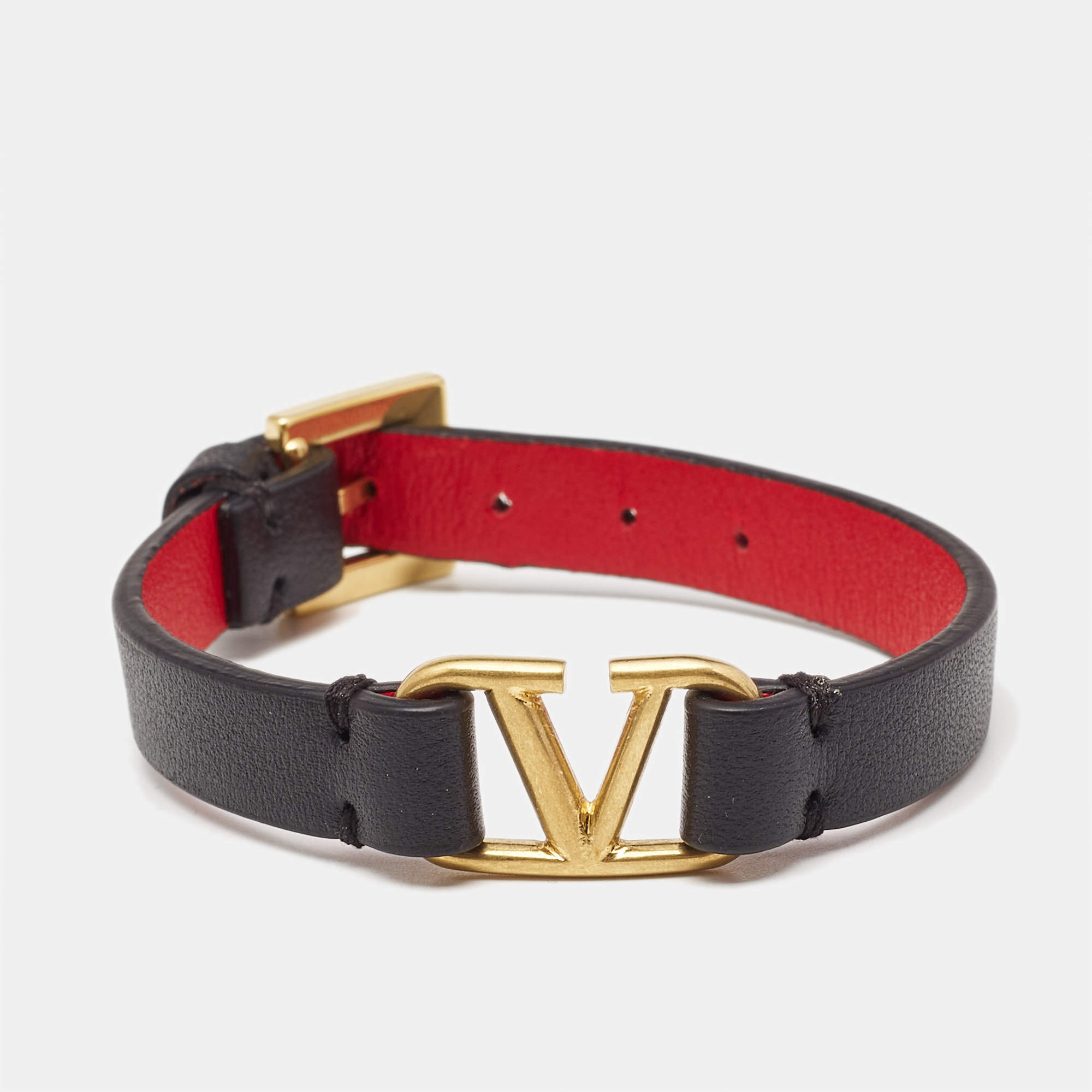 Pre Owned Valentino Vlogo Black Leather Gold Tone Bracelet
