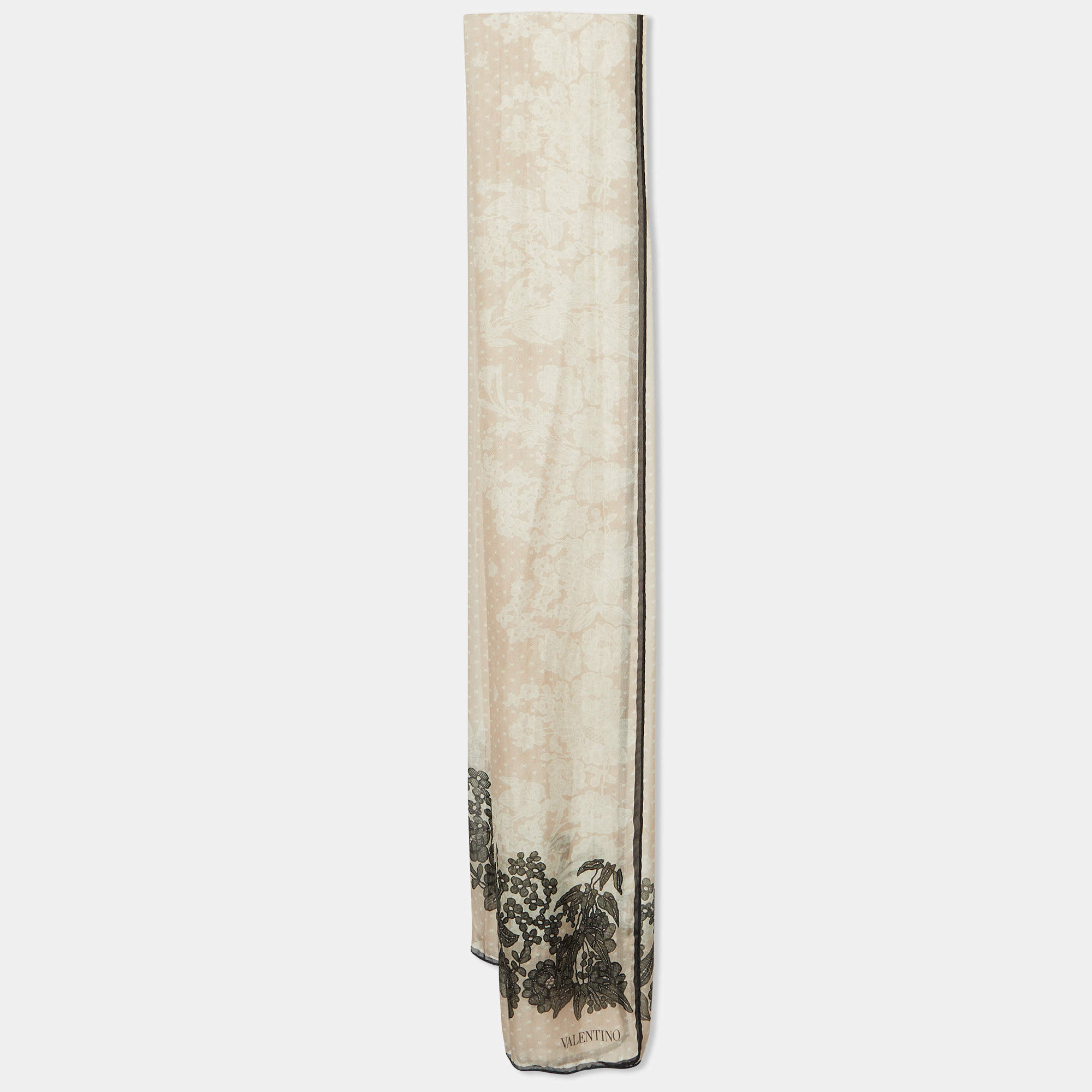 Pre Owned Valentino Cream Floral Lace Print Silk Stole