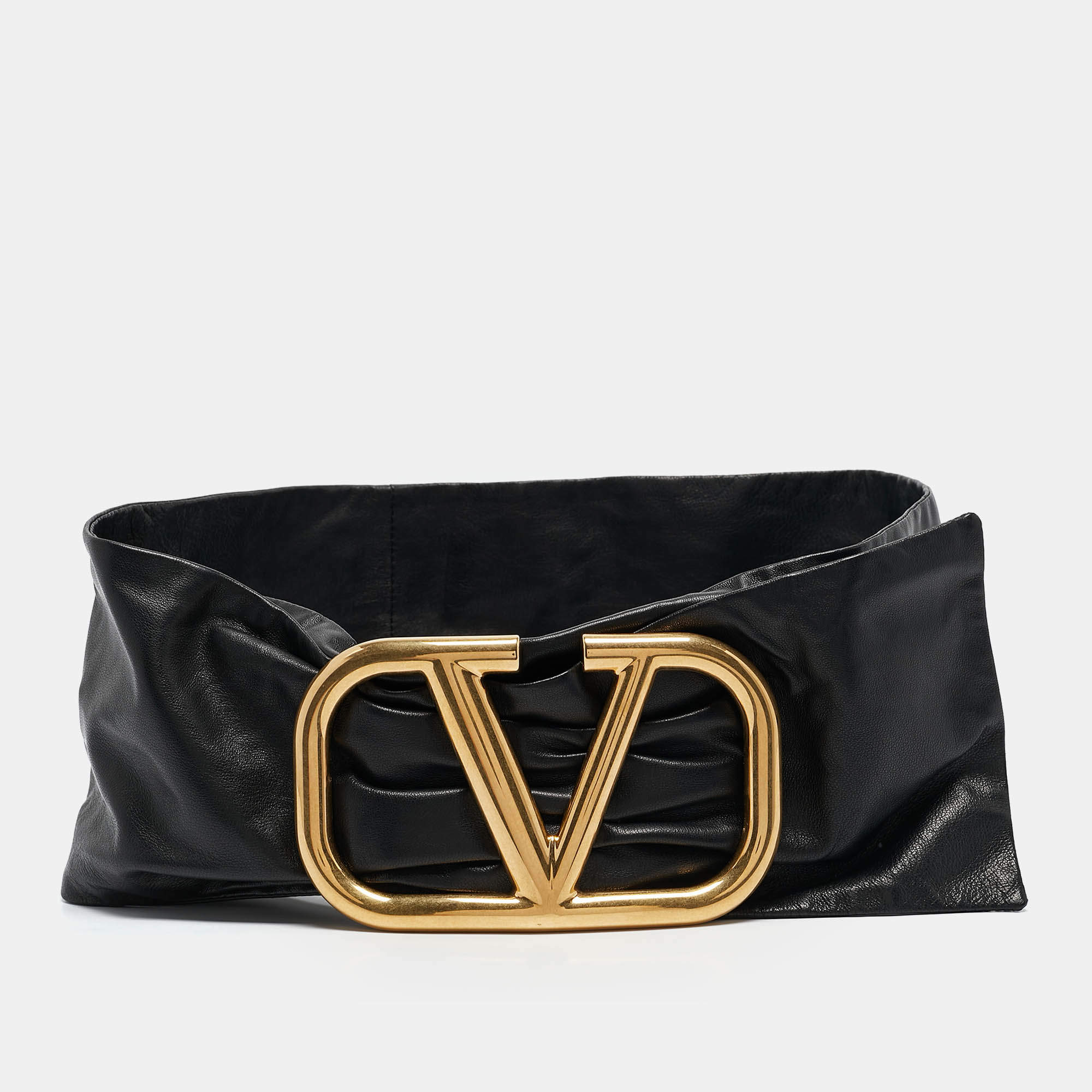 Pre Owned Valentino Black Leather Pleated Vlogo Wide Belt 85CM
