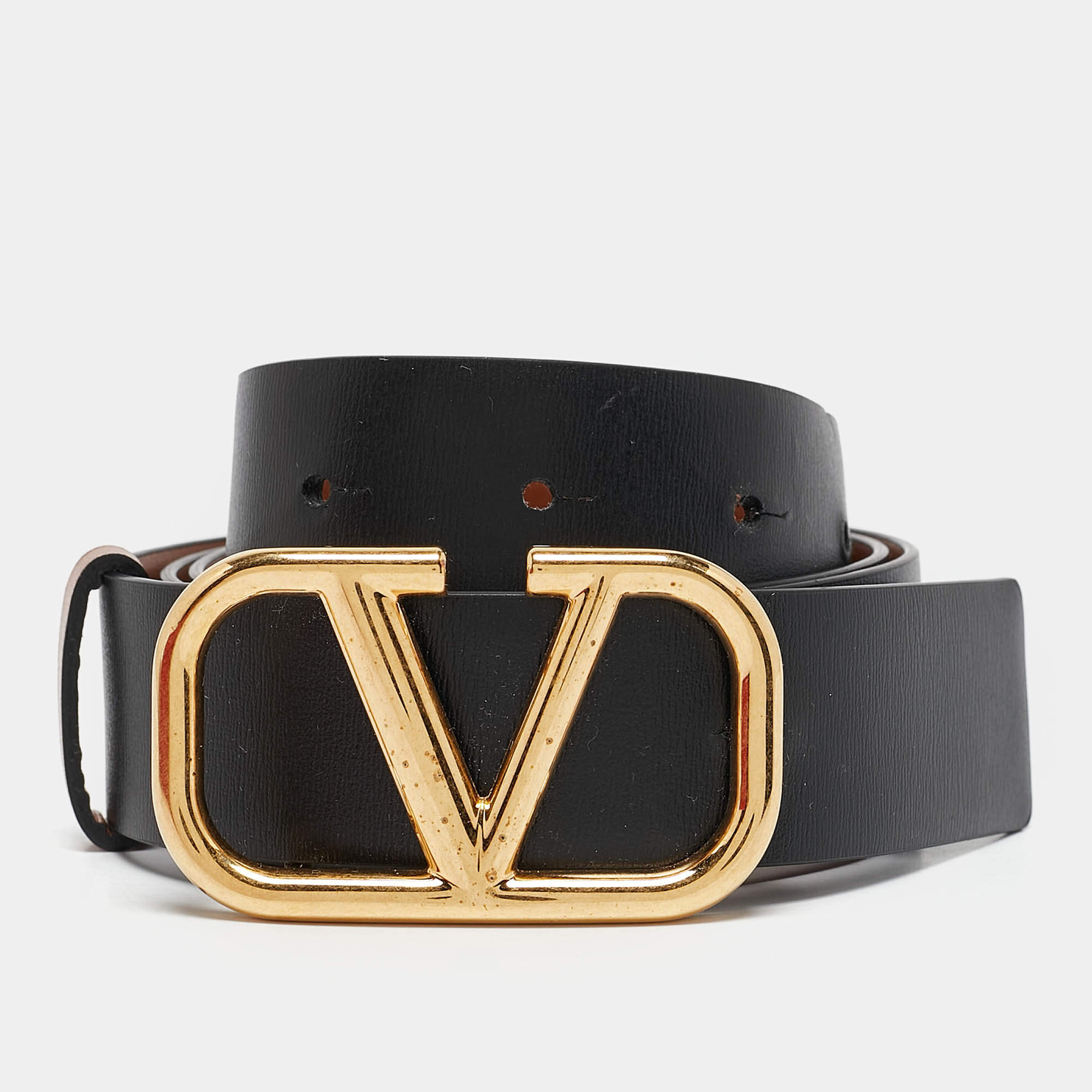 Pre Owned Valentino Black/Brown Leather VLogo Reversible Belt 80CM