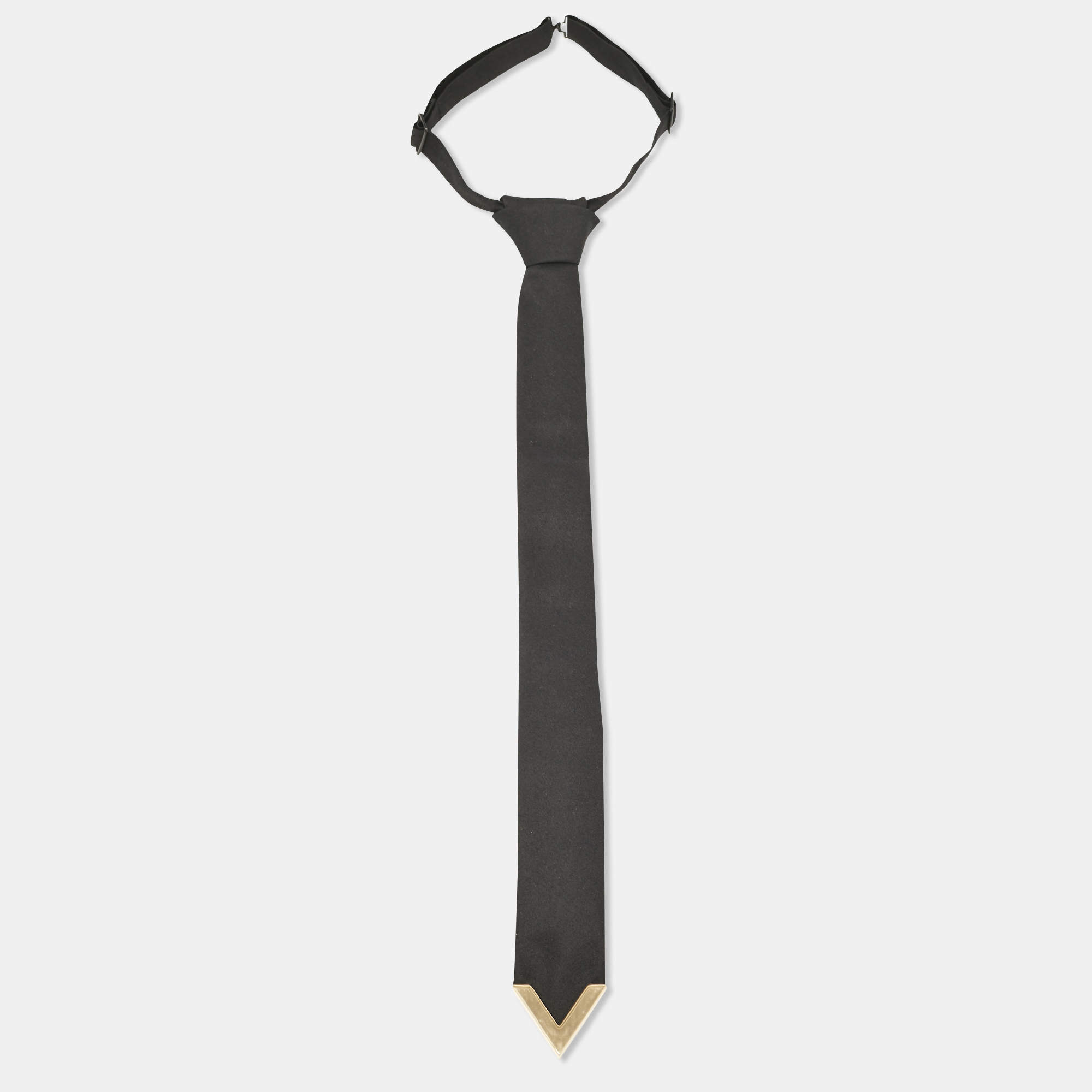 Pre Owned Valentino Black Wool Blend Logo Plaque Tie 